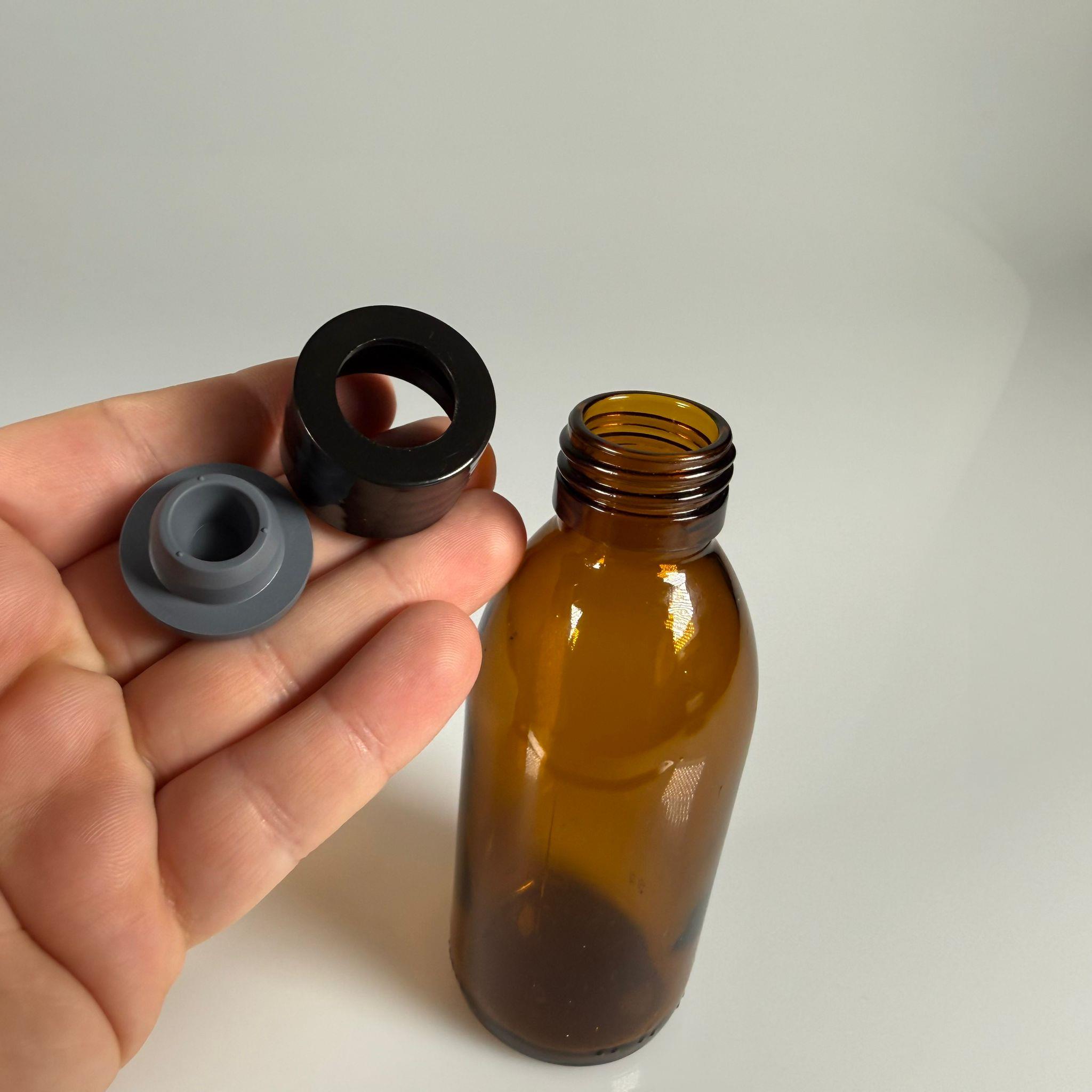 FLAKON ENJEKTÖR SERUM ŞİŞESİ - 150 ML ECZA CAM ŞİŞE + VİDALI DELİKLİ KAPAK (ELLE ÇEVİREREK KAPANIR) + KAUÇUK BUTİL TIPA TAKIM
