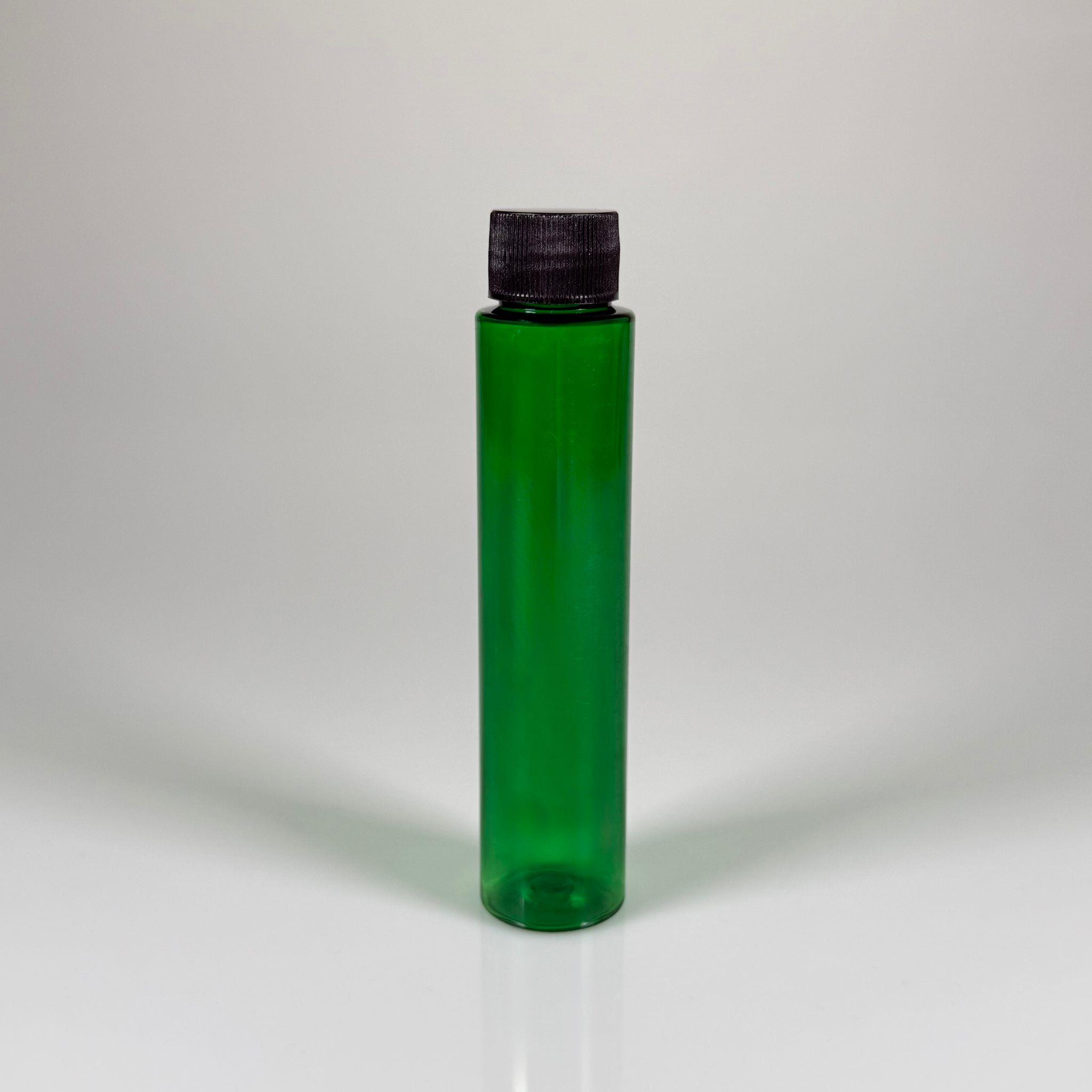 100 CC UZUN SİLİNDİR YEŞİL PET ŞİŞE (24 GR)  - CONTALI SİYAH KAPAKLI - 100 ML BİBERİYE SUYU, LAVANTA YAĞI, SAÇ SERUM, TONİK VB İÇİN PLASTİK KOZMETİK AMBALAJLARI