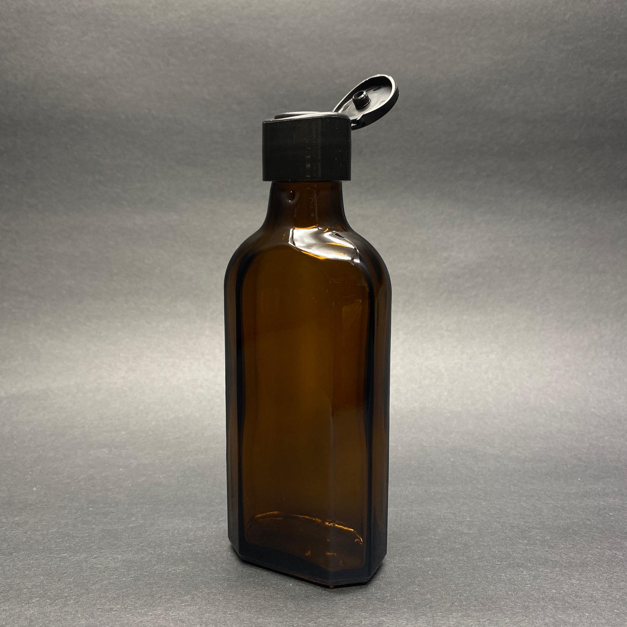 100 CC AMBER YASSI CAM ŞİŞE - SİYAH FARMASİ MODEL FLİPTOP AKITICILI KAPAKLI - 100 ML KAHVERENGİ YASSI MODEL CAM ŞİŞE