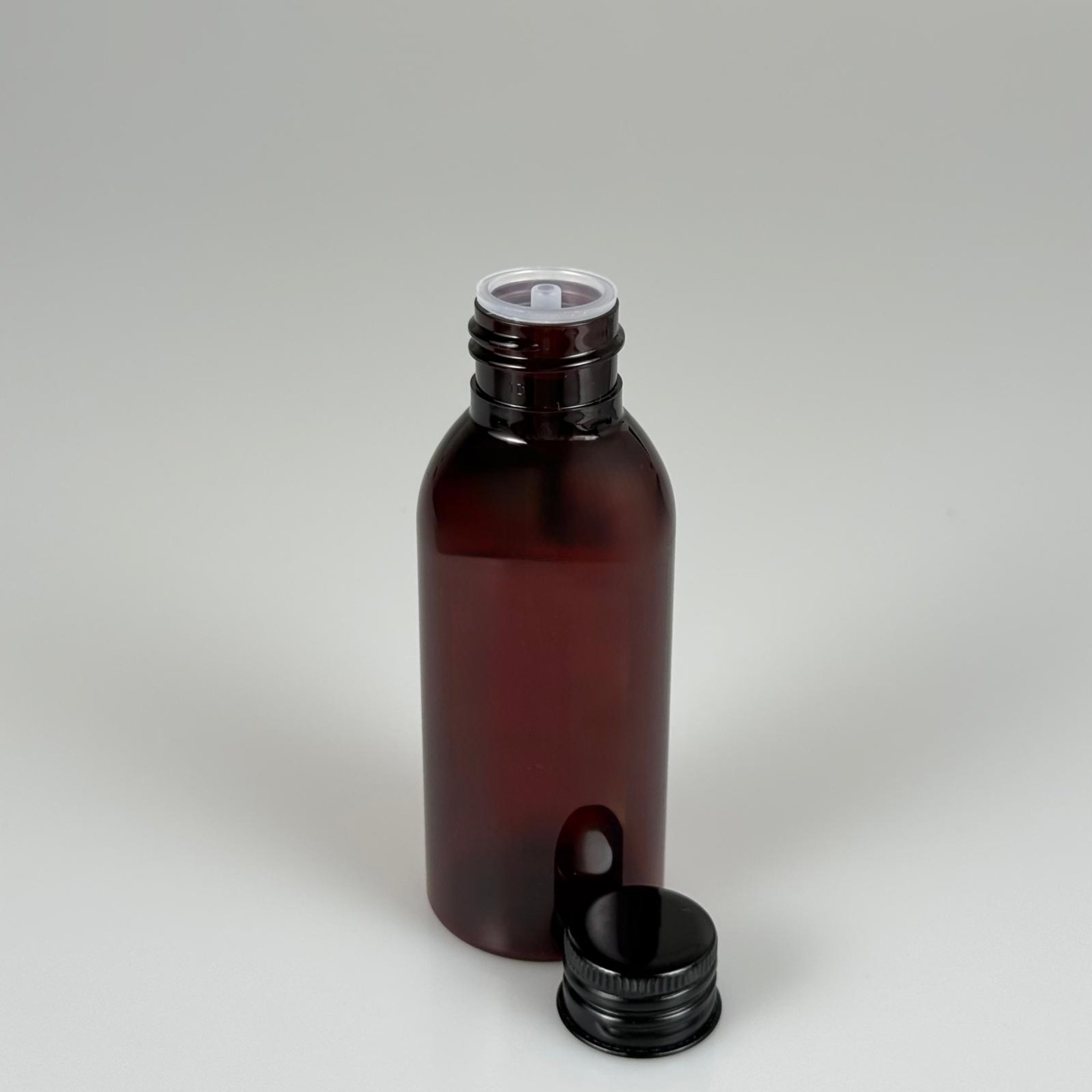 100 CC AMBER SERT MODEL PET ŞİŞE (24 AĞIZ) + KÖPÜK CONTALI SİYAH METAL ALÜMİNYUM KAPAK + KOLONYA TIPALI TAKIM - 100 ML KAPAKLI KAHVERENGİ KALIN PET ŞİŞELER