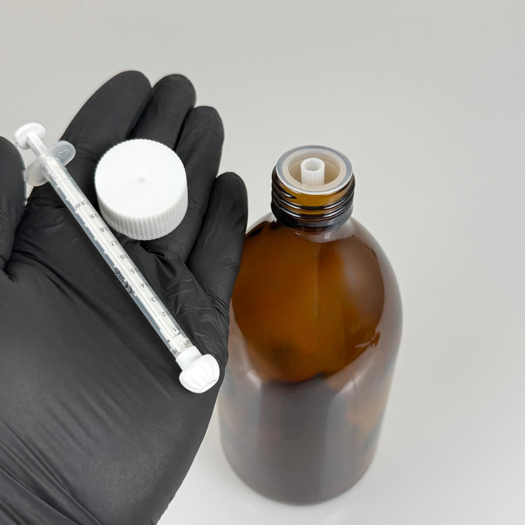 500 ML CAM ECZA ŞİŞESİ + 1 ML DOZAJ PİPETİ + DOZAJ TIPASI + CONTALI PLASTİK KAPAK TAKIM