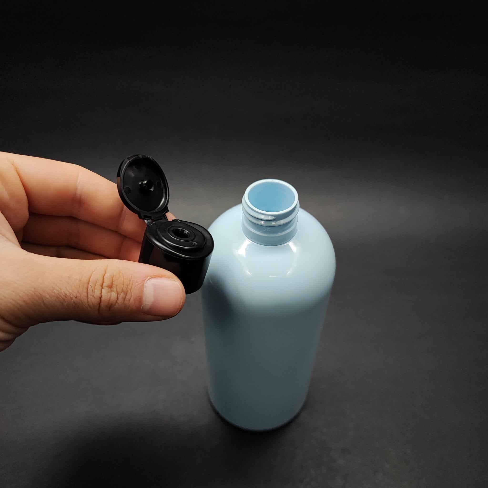 400 CC OVAL BOYUNLU SİLİNDİR PET ŞİŞE (30 GR) - SİYAH FARMASİ MODEL FLİPTOP ŞAMPUAN KAPAKLI - 400 ML PLASTİK ŞİŞE - BEBEK MAVİSİ