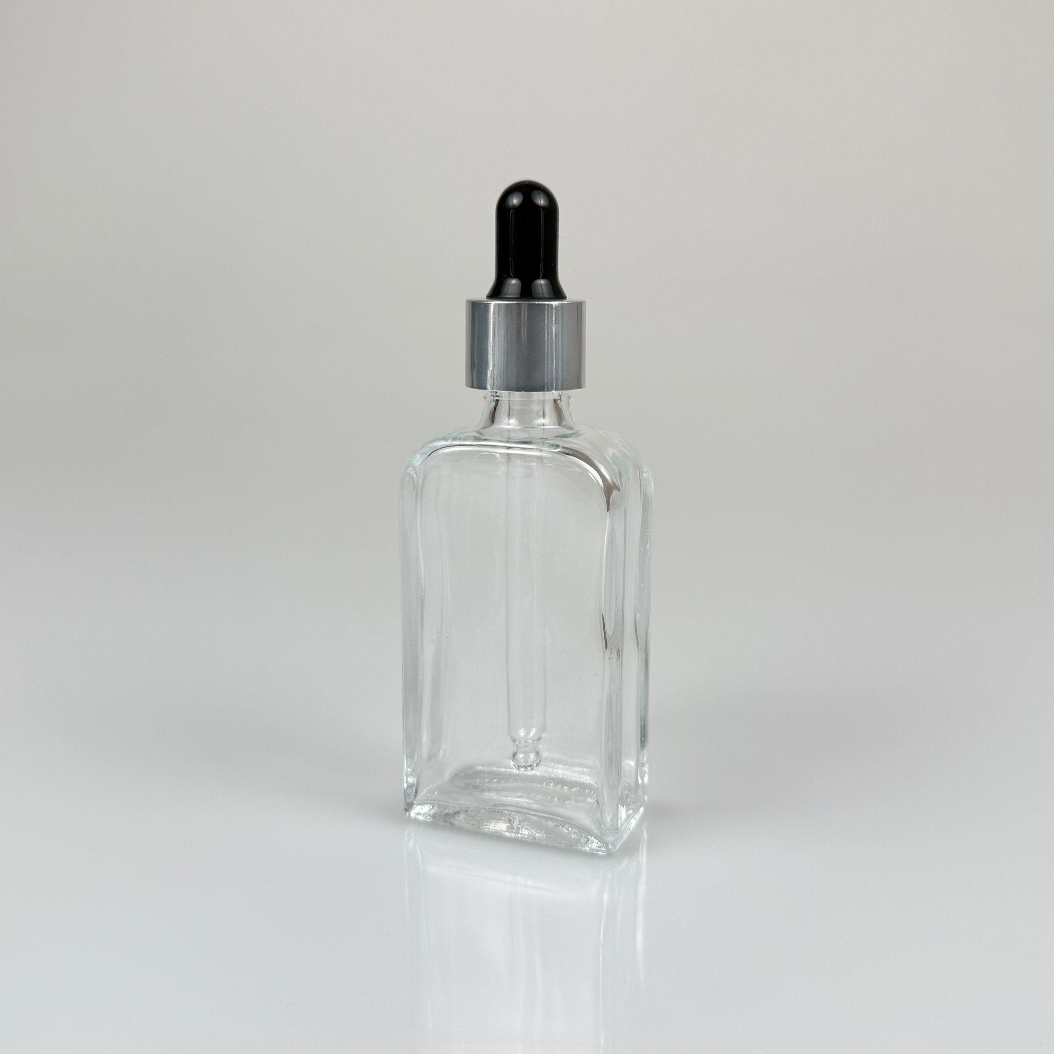 40 CC YASSI DİKDÖRTGEN PRESTİJLİ CAM DAMLALIKLI ŞİŞE - SİYAH EMZİK - GÜMÜŞ METALİK KAPAK - 40 ML CAM DAMLALIKLI ŞİŞE - DAMLALIKLI BOŞ ŞİŞE