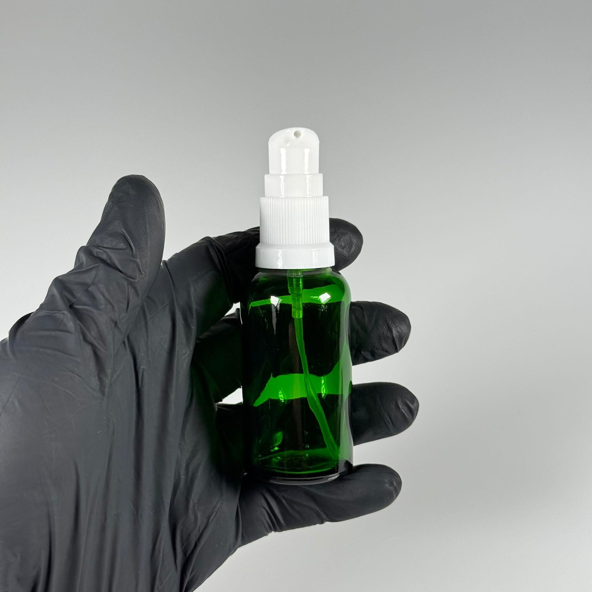 30 CC YEŞİL CAM ŞİŞE - SIZDIRMAZ ETEKLİ BEYAZ LOSYON POMPALI TAKIM - 30 ML LOSYON ŞİŞESİ - YAĞ, KREM GİBİ YOĞUN KIVAMLI SIVILAR İÇİN CAM AMBALAJ
