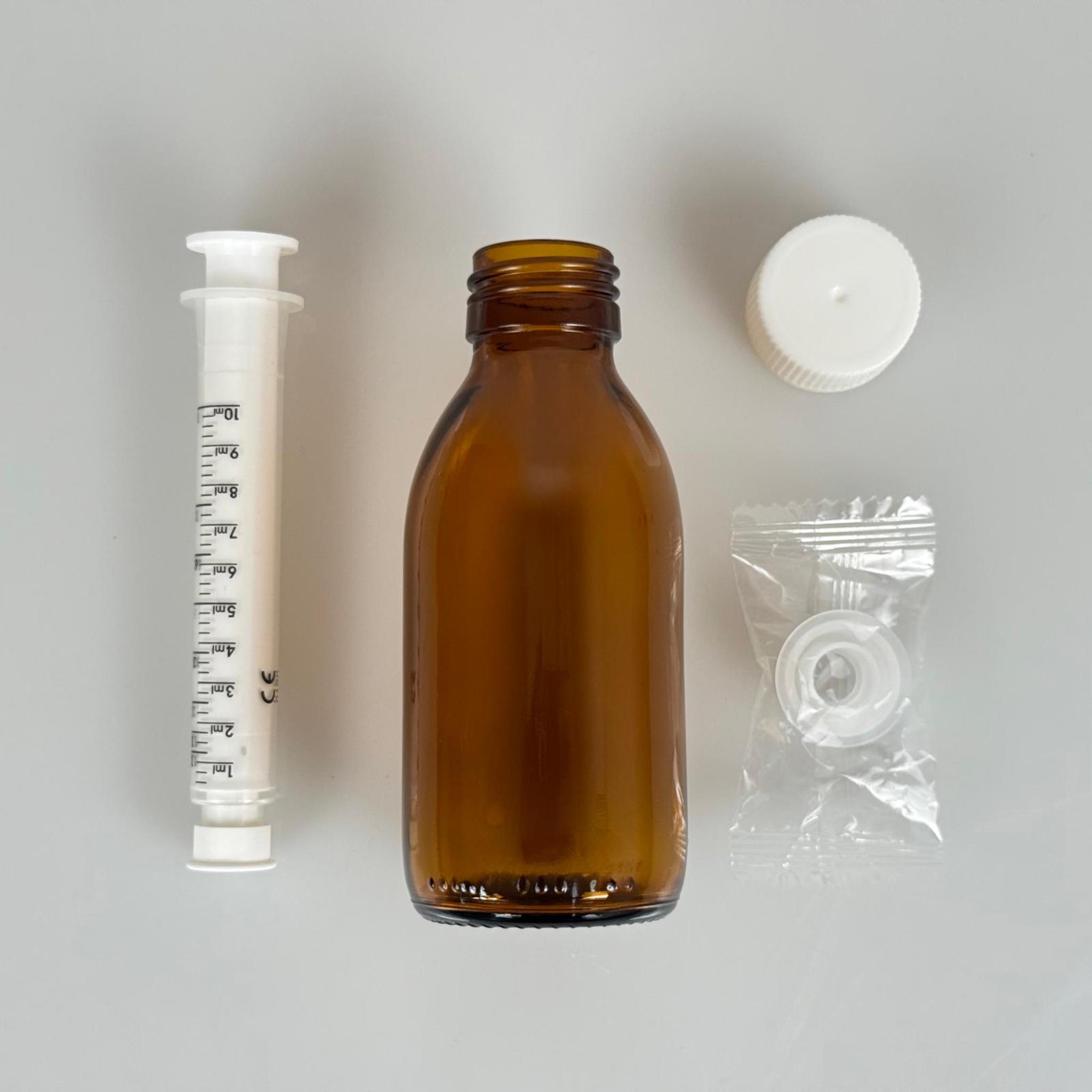 125 ML CAM ECZA ŞİŞESİ + 10 ML DOZAJ PİPETİ + DOZAJ TIPASI + CONTALI PLASTİK KAPAK TAKIM