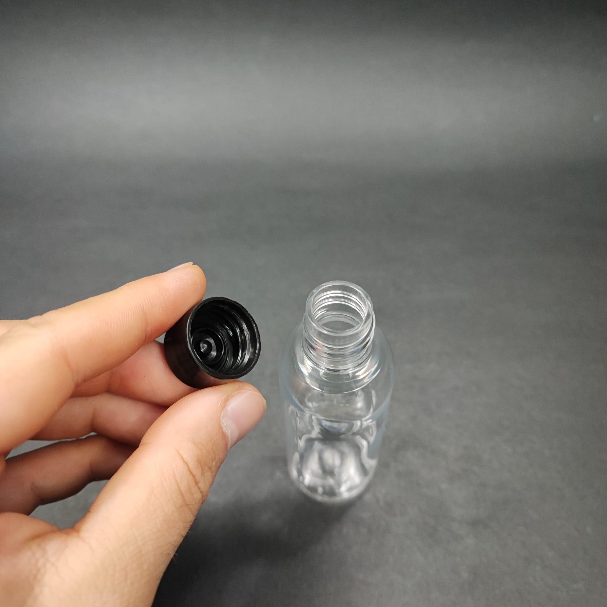 50 CC ŞEFFAF PLASTİK UZUN ŞİŞE + KENDİNDEN CONTALI SIZDIRMAZ SİYAH KAPAK - 50 ML KAPAKLI PET ŞİŞE