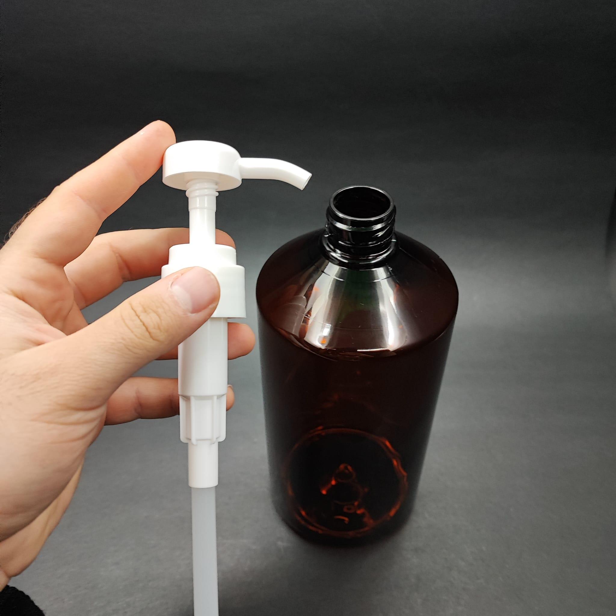 1000 CC AMBER PET ŞİŞE - BEYAZ DOZAJ POMPALI (HER BASMADA 4 CC SIVI ATAR)  - 1000 ML POMPALI ŞİŞE - ŞURUP, ŞAMPUAN, KREM GİBİ YOĞUN KIVAMLI SIVILARDA KULLANILIR