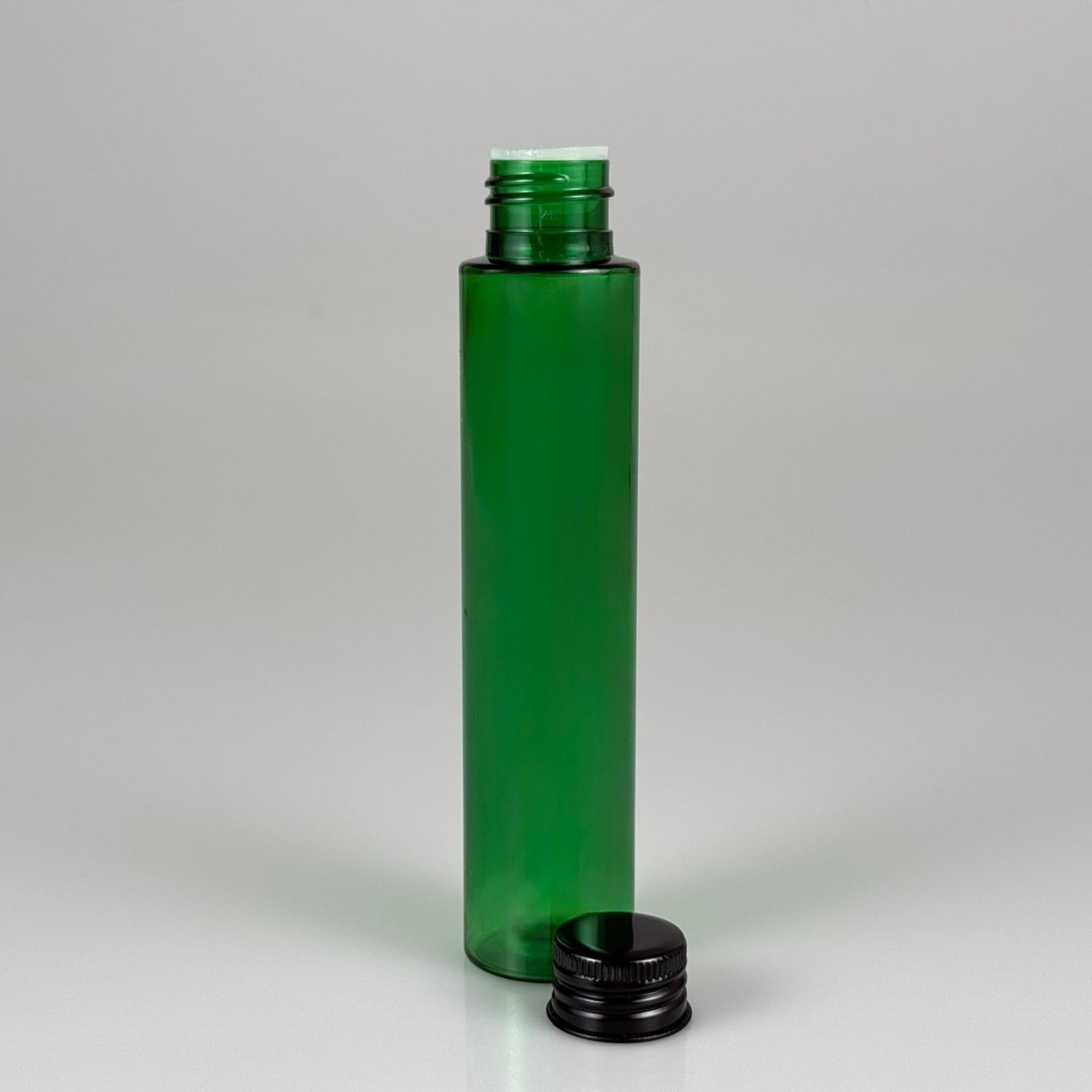 100 CC UZUN SİLİNDİR YEŞİL PET ŞİŞE (24 GR - 24 AĞIZ ) + KÖPÜK CONTALI SİYAH METAL ALÜMİNYUM KAPAK + KOLONYA TIPALI TAKIM - 100 ML BİBERİYE SUYU, LAVANTA YAĞI, SAÇ SERUM, TONİK VB İÇİN PLASTİK KOZMETİK AMBALAJLARI
