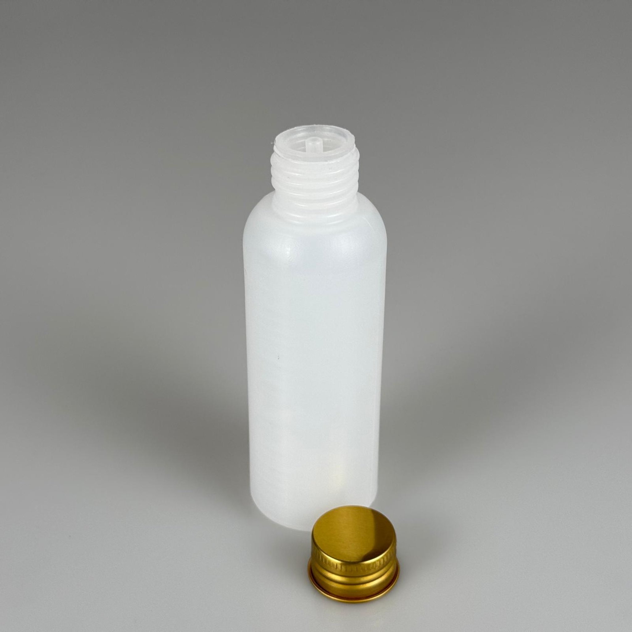 100 CC NATÜREL SERT POLİETİLEN ASETON ŞİŞESİ ( 24 MM ) + KÖPÜK CONTALI GOLD METAL ALÜMİNYUM KAPAKLI + KOLONYA TIPALI TAKIM - 100 ML KAPAKLI PLASTİK ASETON ŞİŞELERİ