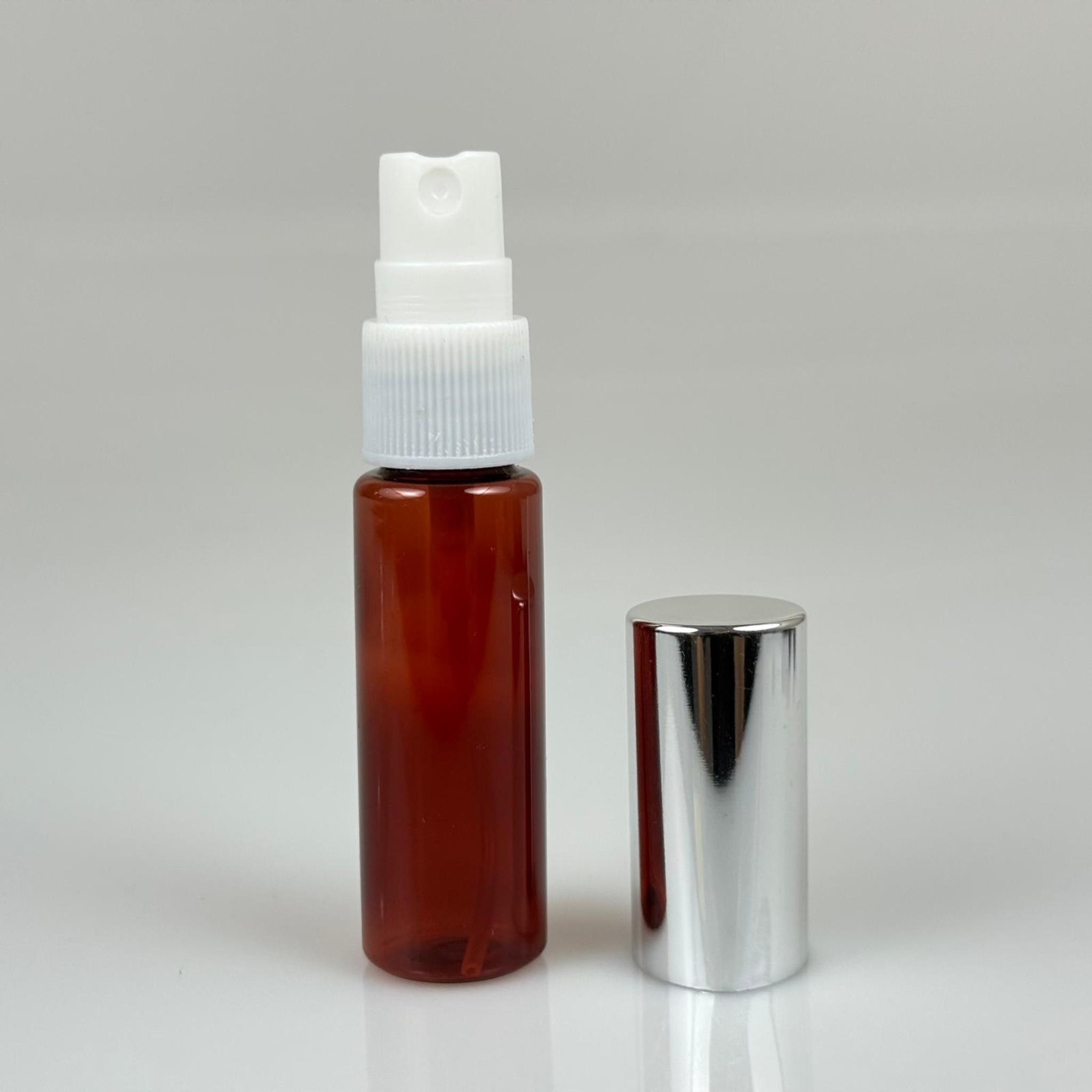 20 ML PET KOLONYA, PARFÜM VB ŞİŞELERİ - METAL ALÜMİNYUM GÜMÜŞ KAPAK + VİDALI SPREY + 20 CC AMBER SHOT ŞİŞE SET TAKIM