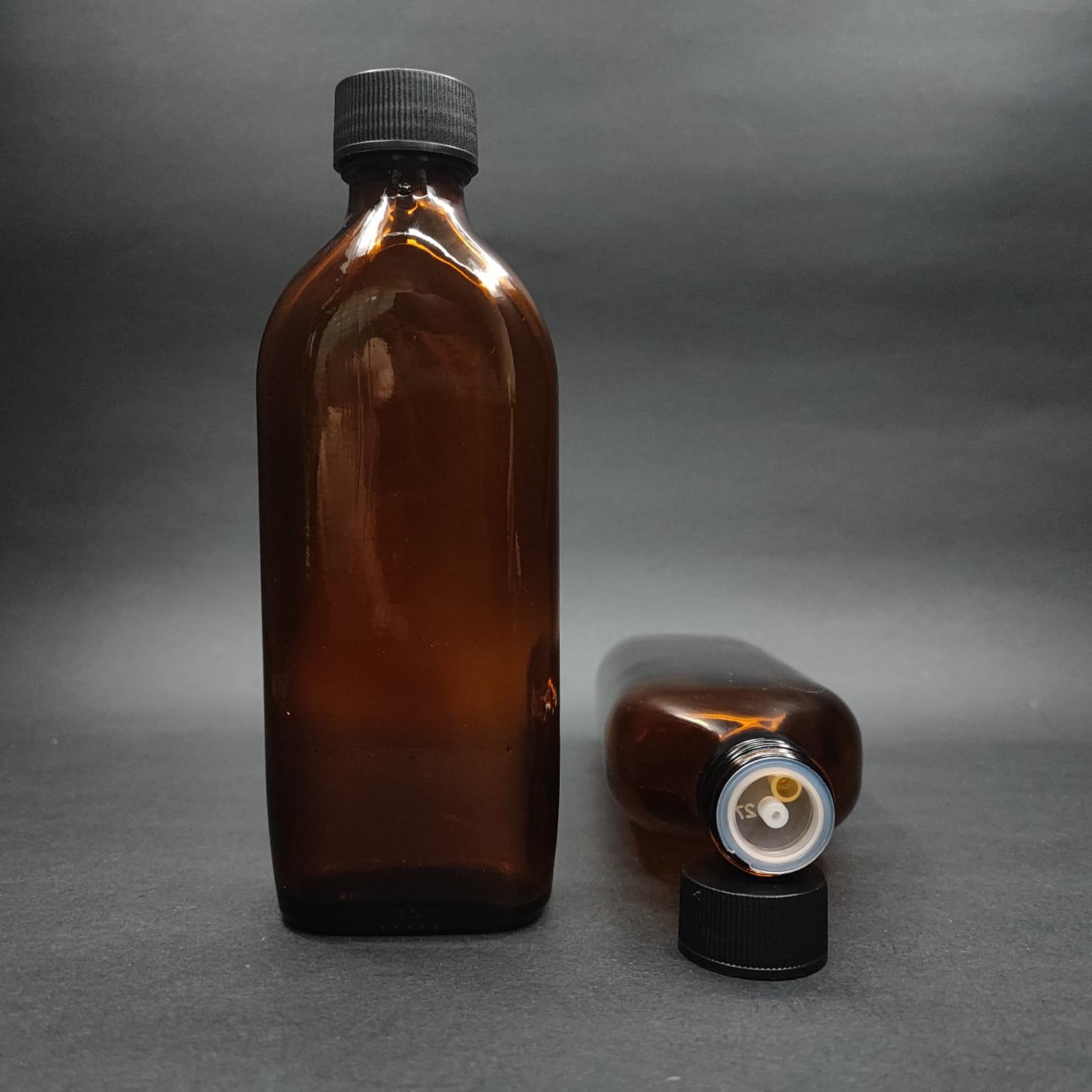 150 ML DOLUMU KOLAY, GENİŞ AĞIZLI İÇTEN DAMLALIKLI YASSI ŞİŞE (25 MM AĞIZ)  - 150 CC SİYAH CONTALI KAPAKLI İÇTEN DAMLALIKLI CAM ECZA ŞİŞESİ - AMBER KAHVERENGİ