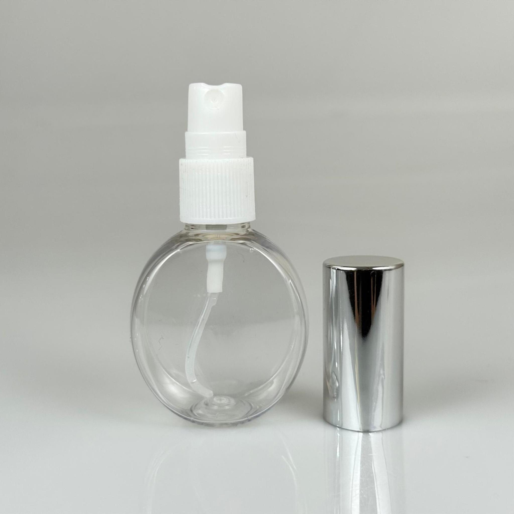 40 ML PET KOLONYA, PARFÜM VB ŞİŞELERİ - METAL ALÜMİNYUM GÜMÜŞ KAPAK + VİDALI SPREY + 40 CC YUVARLAK ŞİŞE SET TAKIM