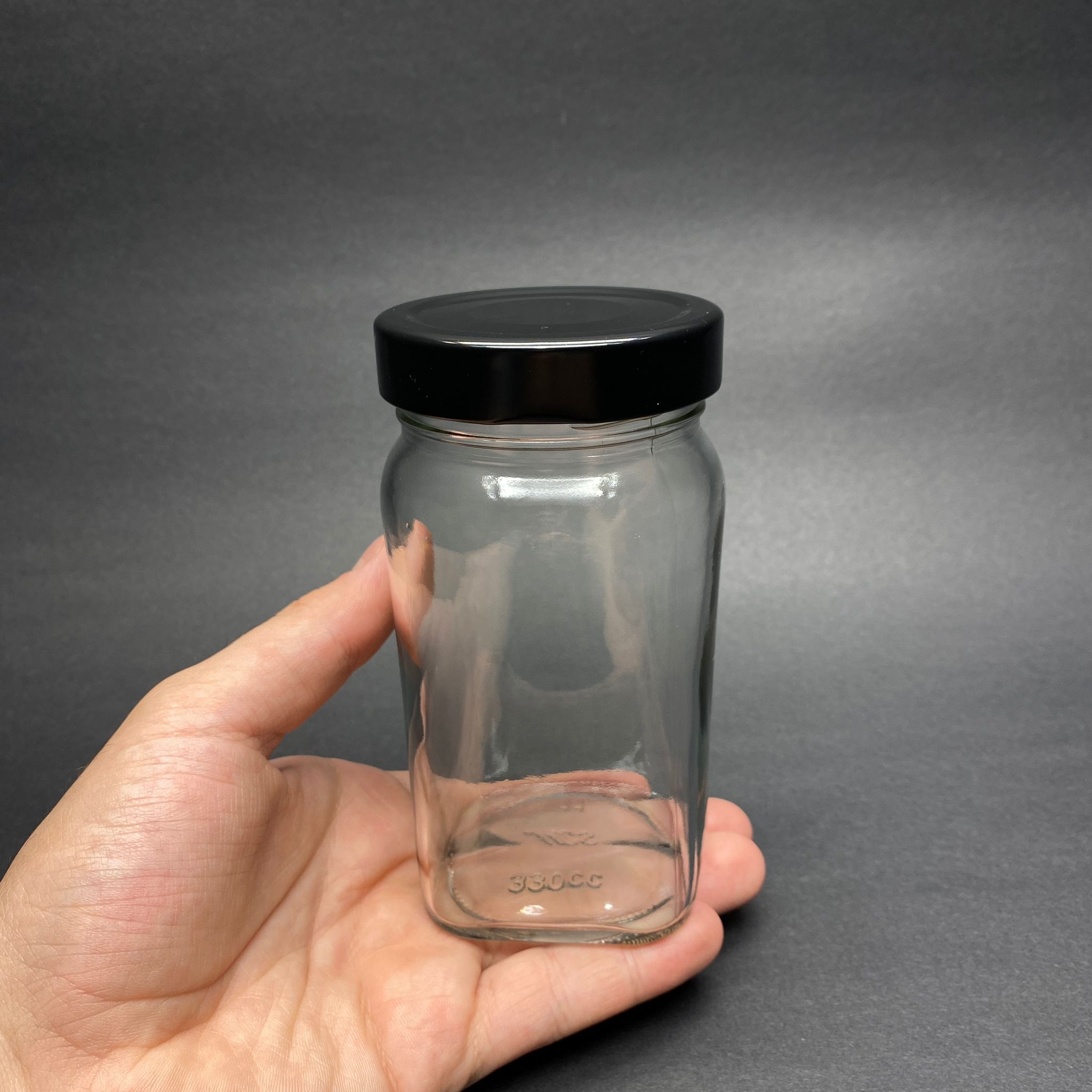 300 CC CAM GRANÜR KAHVE KAVANOZU - DERİN SİYAH METAL KAPAKLI - 330 ML KÖŞELİ OVAL KAVANOZ