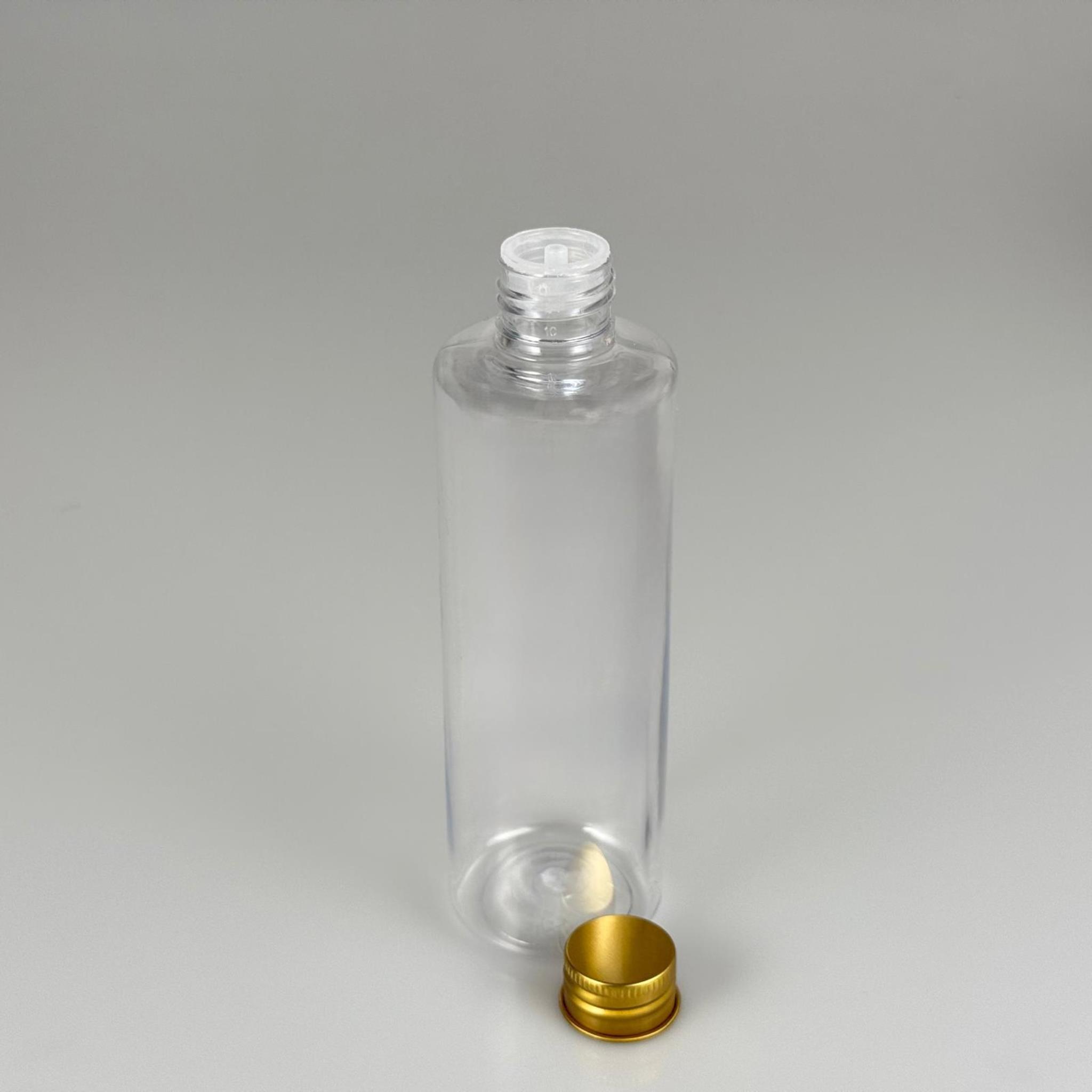 250 CC ŞEFFAF SİLİNDİR MODEL PLASTİK ŞİŞE (24 AĞIZ) + KÖPÜK CONTALI GOLD METAL ALÜMİNYUM KAPAK + KOLONYA TIPALI TAKIM - 250 ML KAPAKLI PLASTİK ŞİŞELER