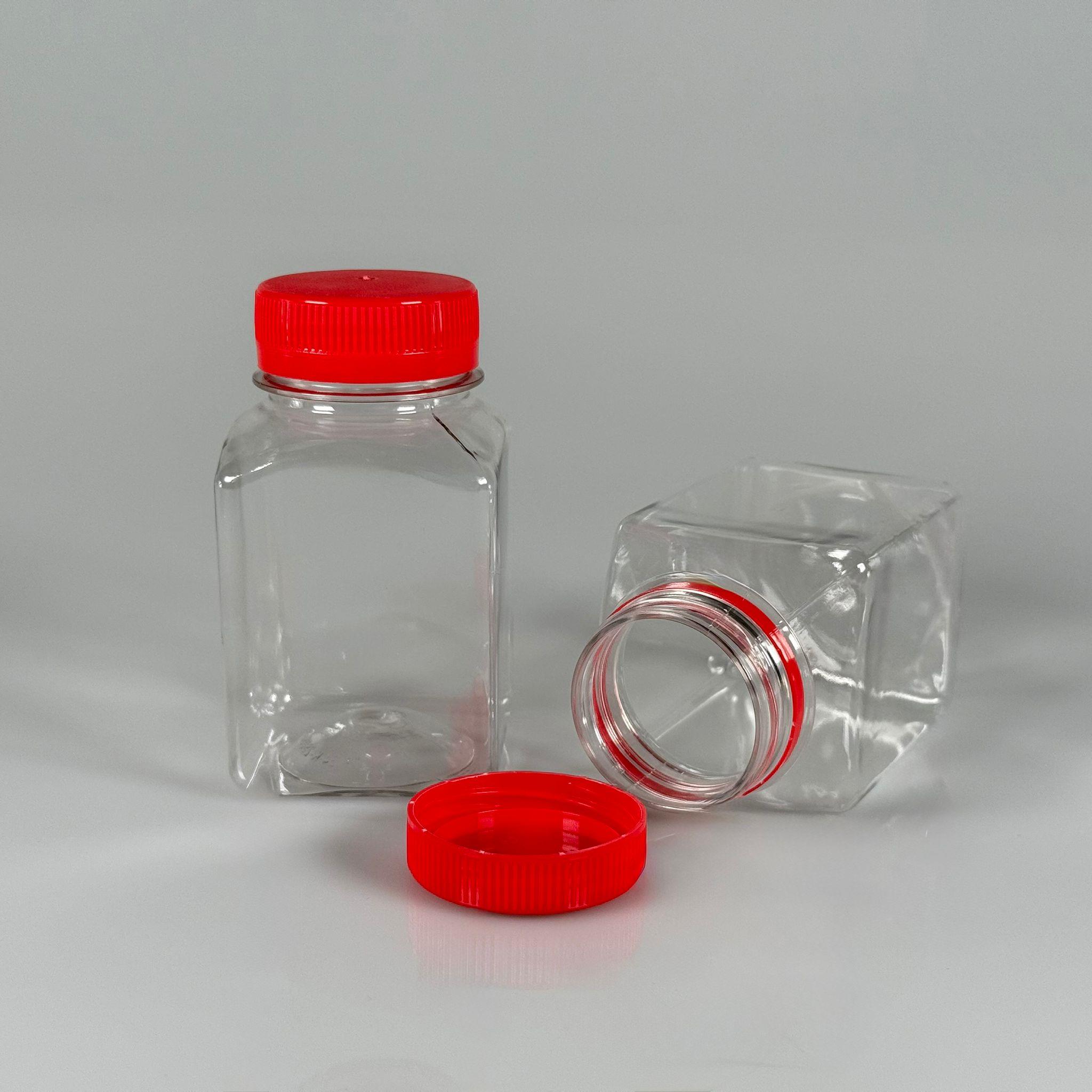 150 CC KÖŞELİ KARE PET ŞİŞE (15,6 GR) - 38 MM GENİŞ AĞIZLI KİLİTLİ KIRMIZI - 150 ML DETOX, MEYVE SUYU, SMOOTHIE, AYRAN, SÜT, MEŞRUBAT VB İÇİN BOŞ PLASTİK ŞİŞELER