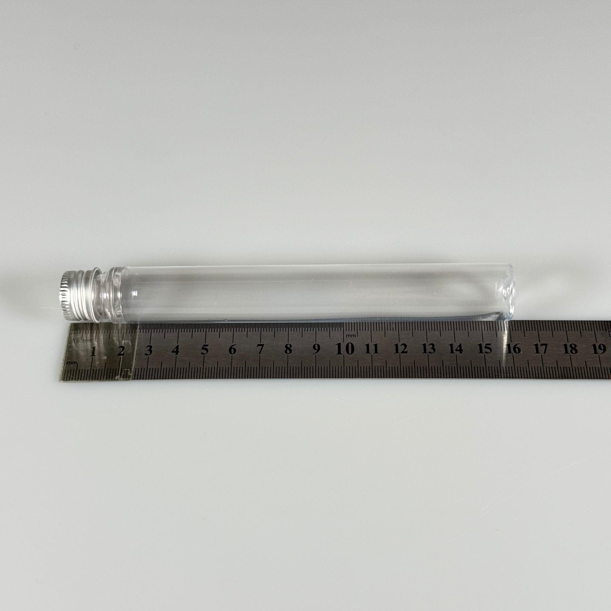 16 CM TÜP - 45 CC UZUN İNCE PET ŞİŞE - CONTALI GÜMÜŞ METAL KAPAKLI  - VANİLYA ÇUBUĞU, BAHARAT, DENEY TÜPÜ VB İÇİN PLASTİK TÜP