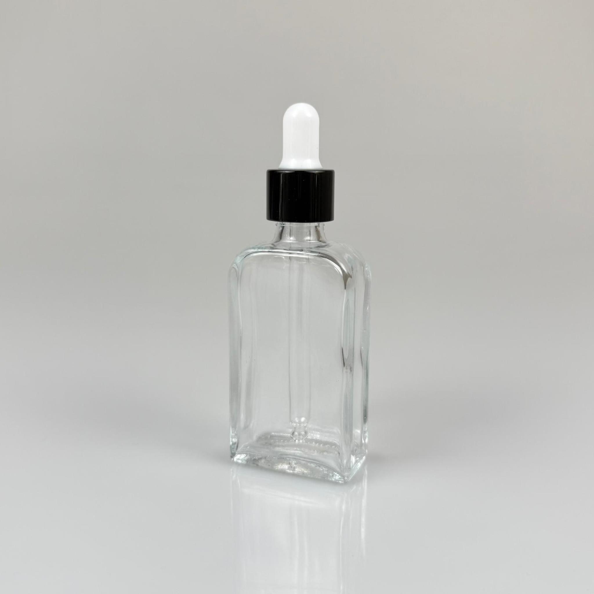 40 CC YASSI DİKDÖRTGEN PRESTİJLİ CAM DAMLALIKLI ŞİŞE - BEYAZ EMZİK - SİYAH METALİK KAPAK - 40 ML CAM DAMLALIKLI ŞİŞE - DAMLALIKLI BOŞ ŞİŞE