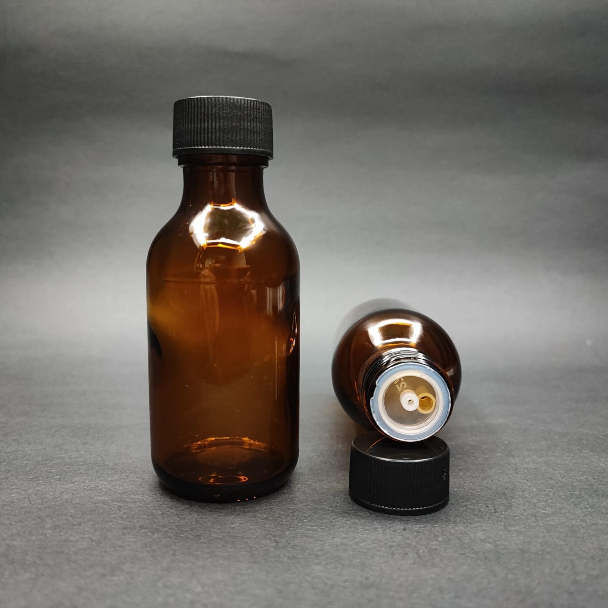75 ML DOLUMU KOLAY, GENİŞ AĞIZLI İÇTEN DAMLALIKLI ŞİŞE (25 MM AĞIZ)  - 75 CC SİYAH CONTALI KAPAKLI İÇTEN DAMLALIKLI CAM ECZA ŞİŞESİ - AMBER KAHVERENGİ