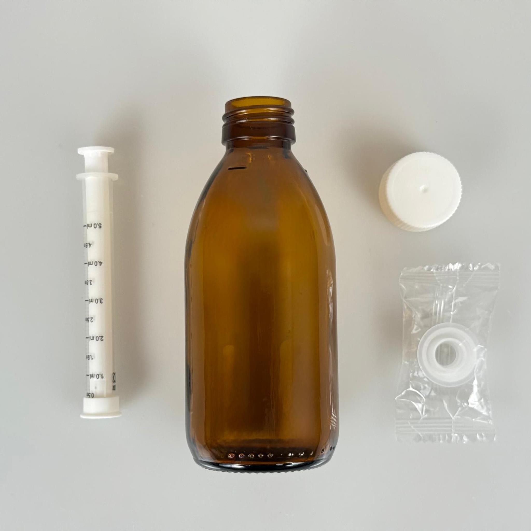 200 ML CAM ECZA ŞİŞESİ + 5 ML DOZAJ PİPETİ + DOZAJ TIPASI + CONTALI PLASTİK KAPAK TAKIM