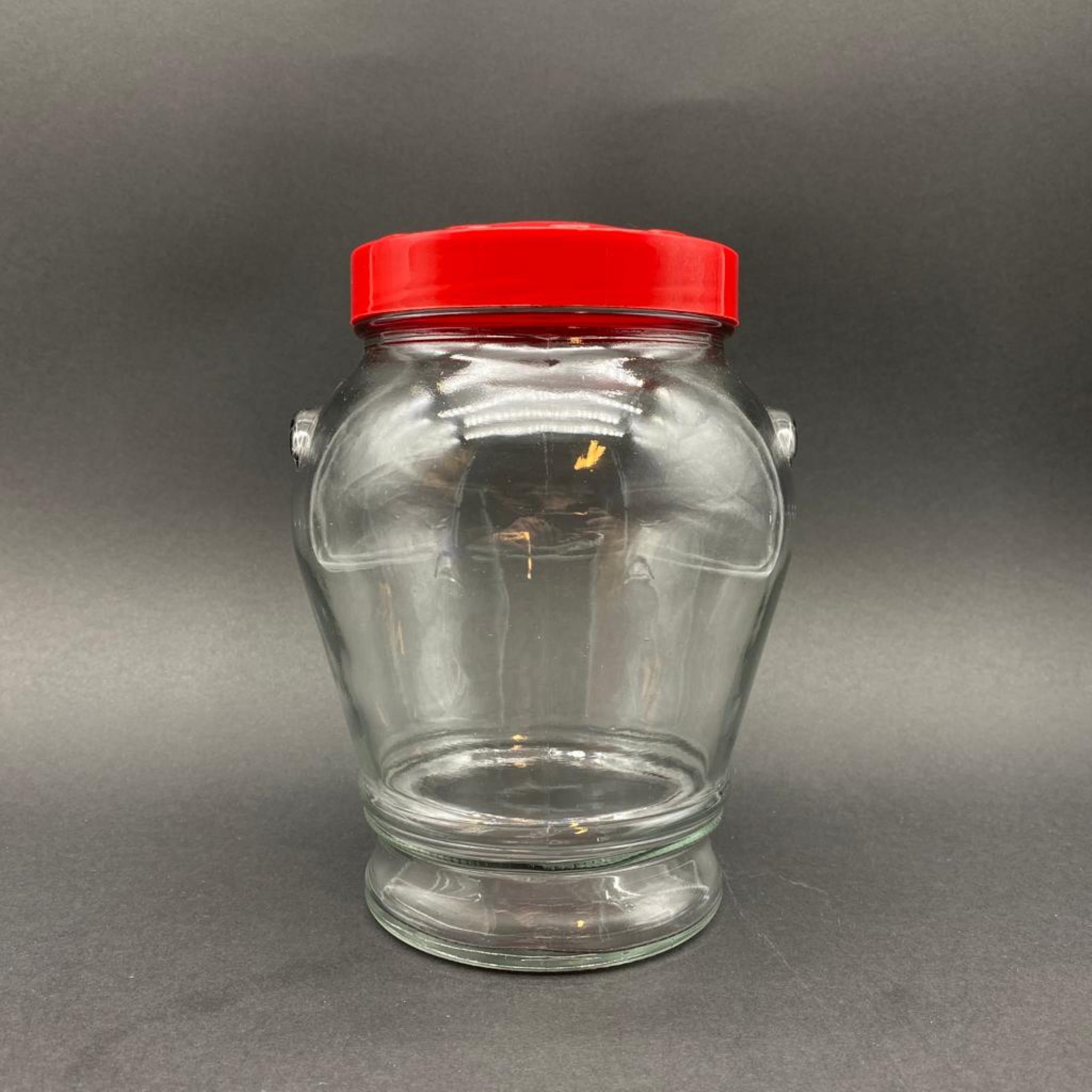 1500 CC KULPLU CAM KAVANOZ - KIRMIZI PLASTİK KAPAKLI - 1500 ML KULPLU CAM KAVANOZ