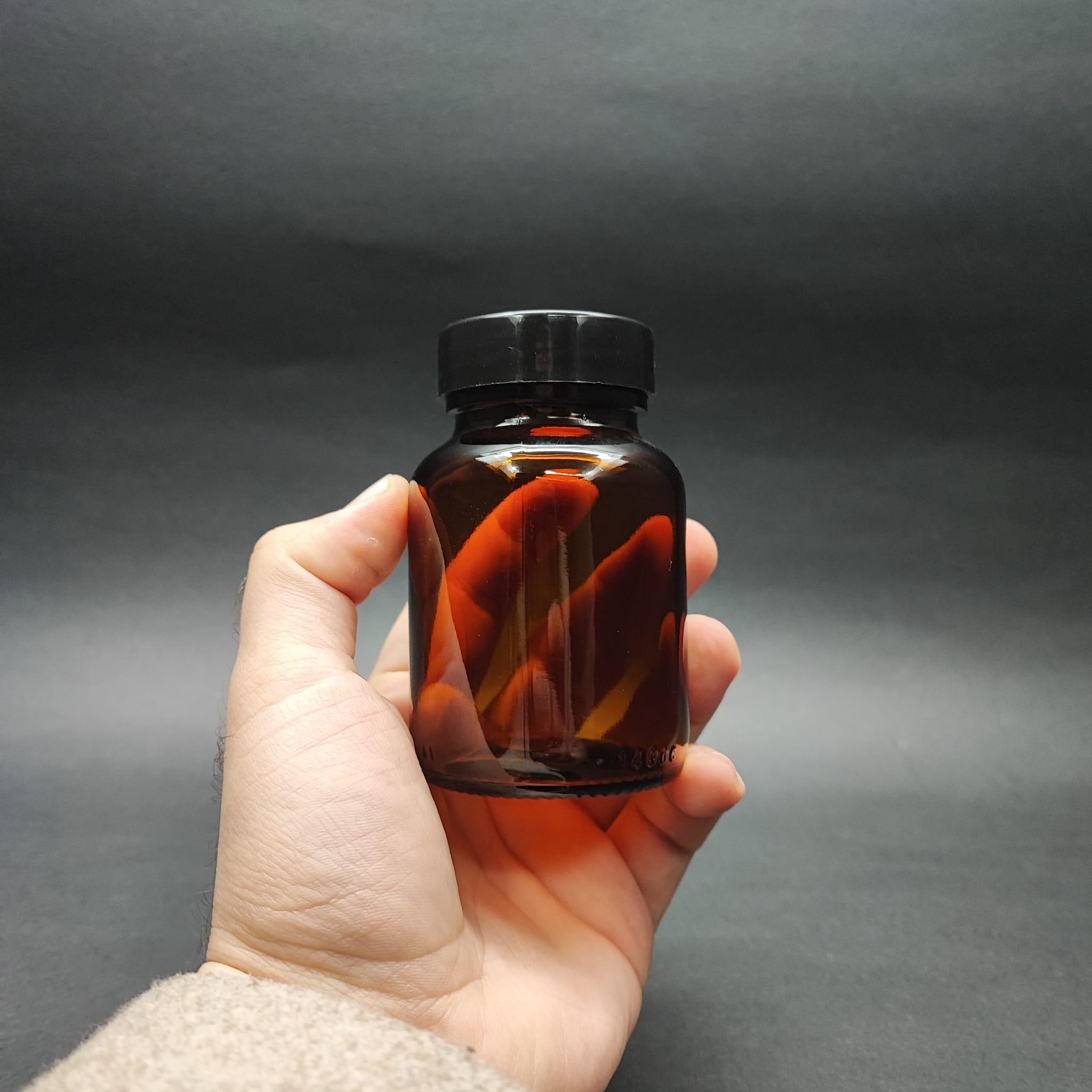 140 ML CAM TABLET ŞİŞE + SİYAH KAPAK - 140 CC AMBER ŞİŞECAM ECZA ŞİŞELERİ - ŞİŞECAM ÜRÜN KODU 718814