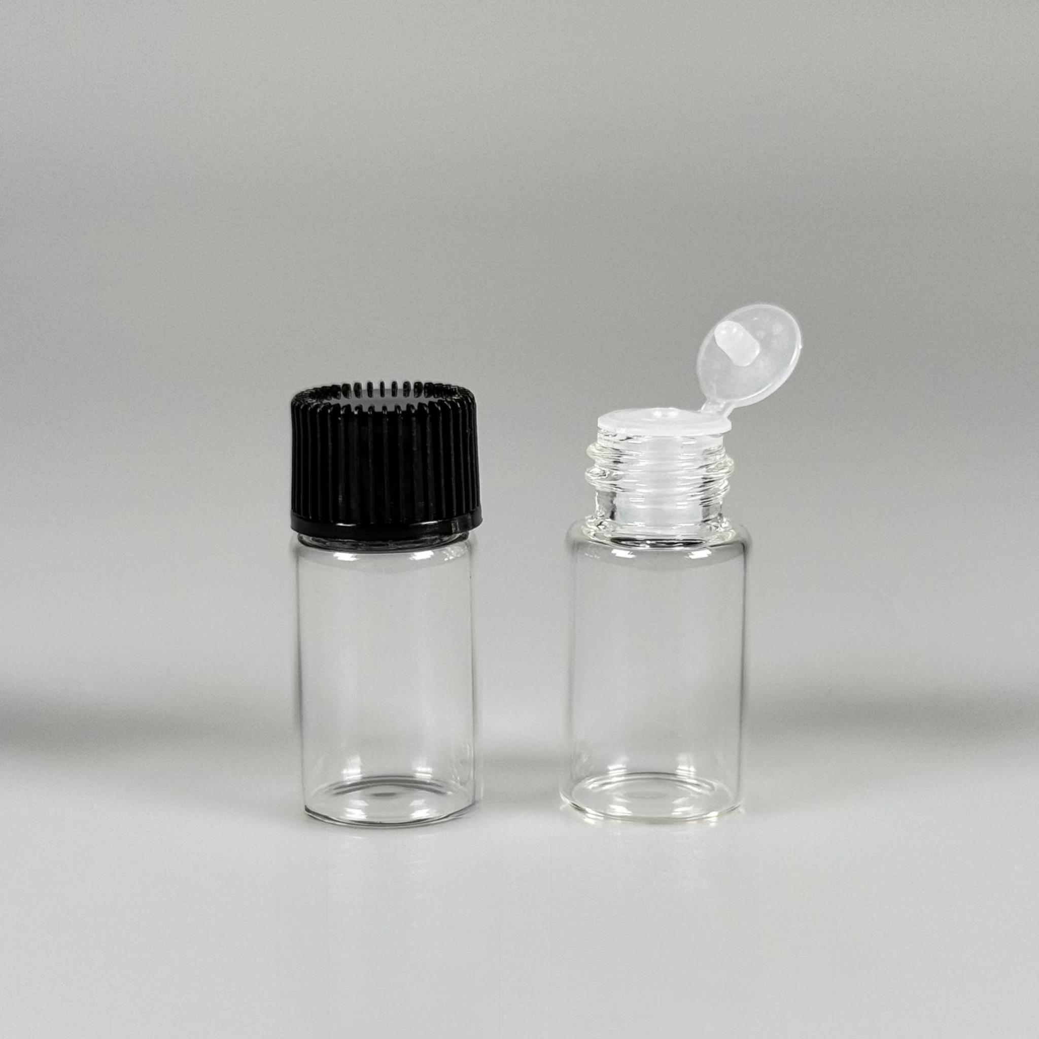 3 CC ŞEFFAF İNCE CAM ŞİŞE - SİYAH KAPAKLI + İÇTEN DAMLALIKLI - 3 ML CAM ŞİŞE