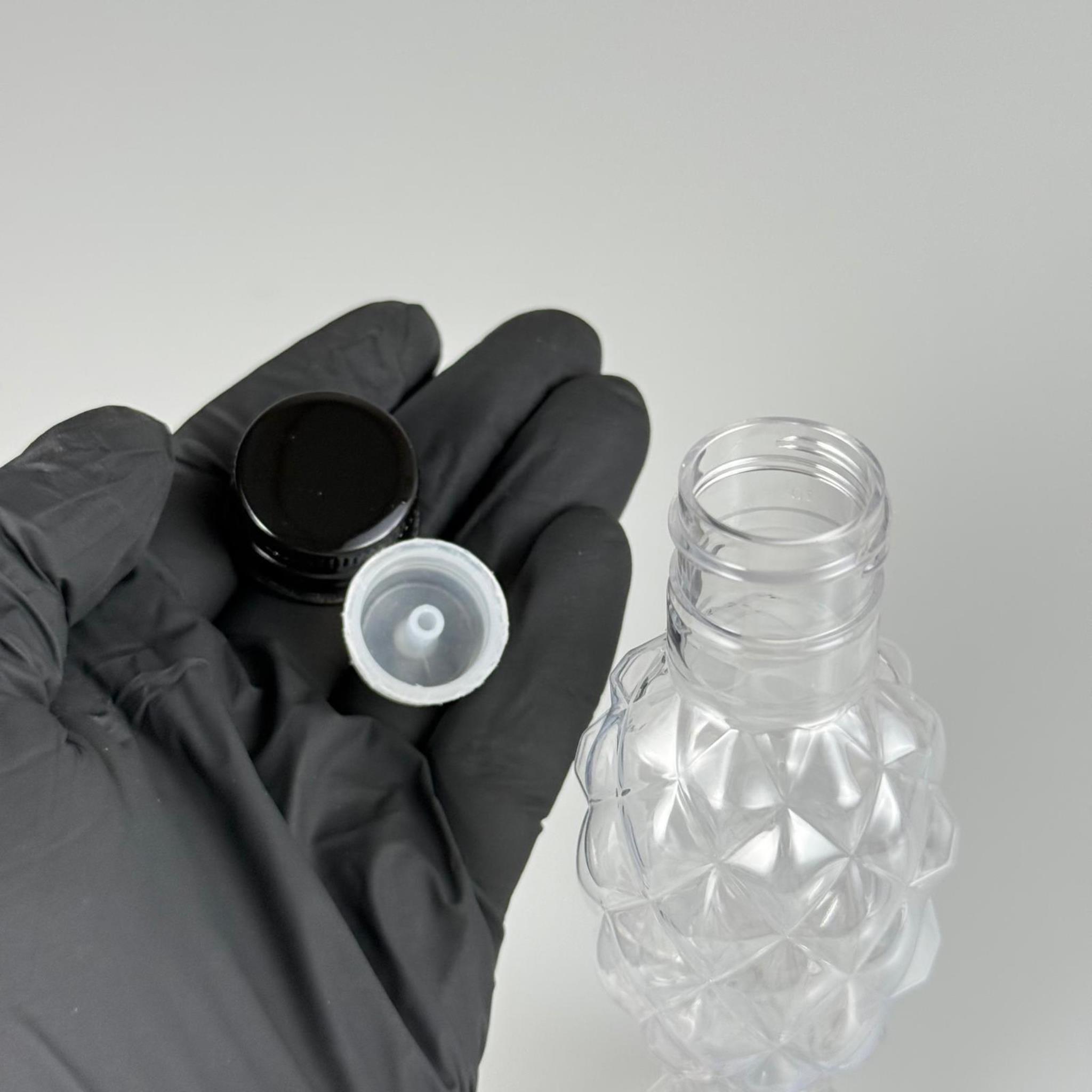 100 CC CAMPET BALIKSIRTI PET KOLONYA ŞİŞESİ (24 AĞIZ) + KÖPÜK CONTALI SİYAH METAL ALÜMİNYUM KAPAK + KOLONYA TIPALI TAKIM - 100 ML KAPAKLI CAMPET PALSTİK ŞİŞELER
