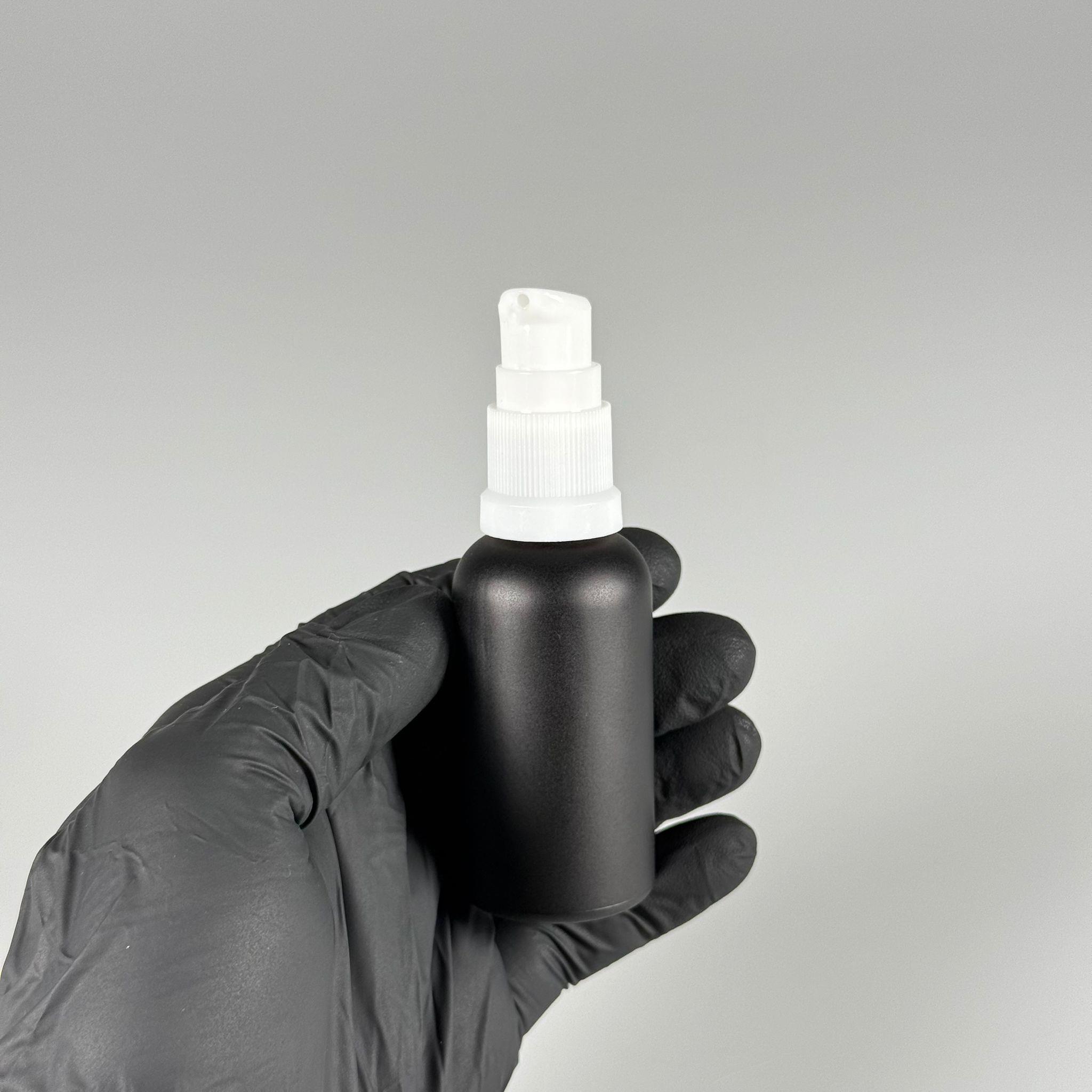 30 CC MAT SİYAH CAM ŞİŞE - SIZDIRMAZ ETEKLİ BEYAZ LOSYON POMPALI TAKIM - 30 ML LOSYON ŞİŞESİ - YAĞ, KREM GİBİ YOĞUN KIVAMLI SIVILAR İÇİN CAM AMBALAJ