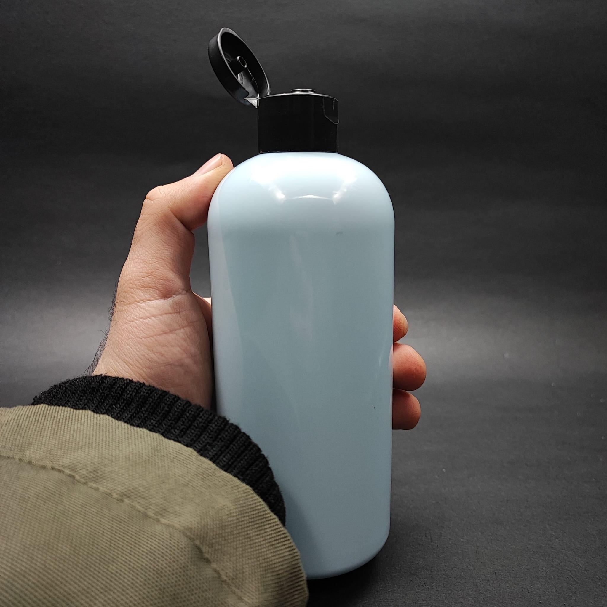 400 CC OVAL BOYUNLU SİLİNDİR PET ŞİŞE (30 GR) - SİYAH FLİPTOP ŞAMPUAN KAPAKLI - 400 ML PLASTİK ŞİŞE - BEBEK MAVİSİ