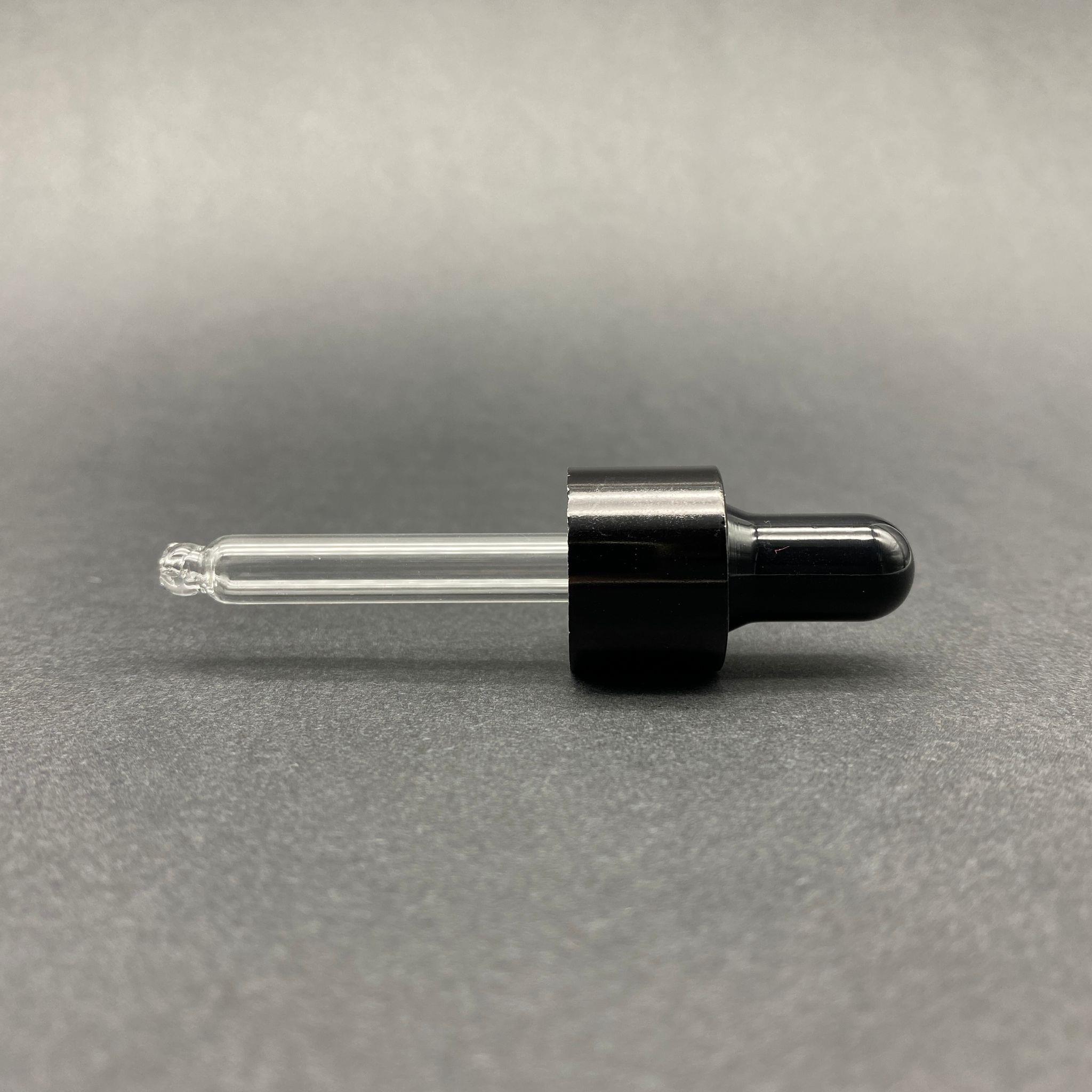 18 MM CAM DAMLALIK TAKIM - PARLAK SİYAH EMZİK+DELİKLİ SİYAH METAL KAPAK+CAM PİPET - 10 CC DROPPER ŞİŞELER İÇİN