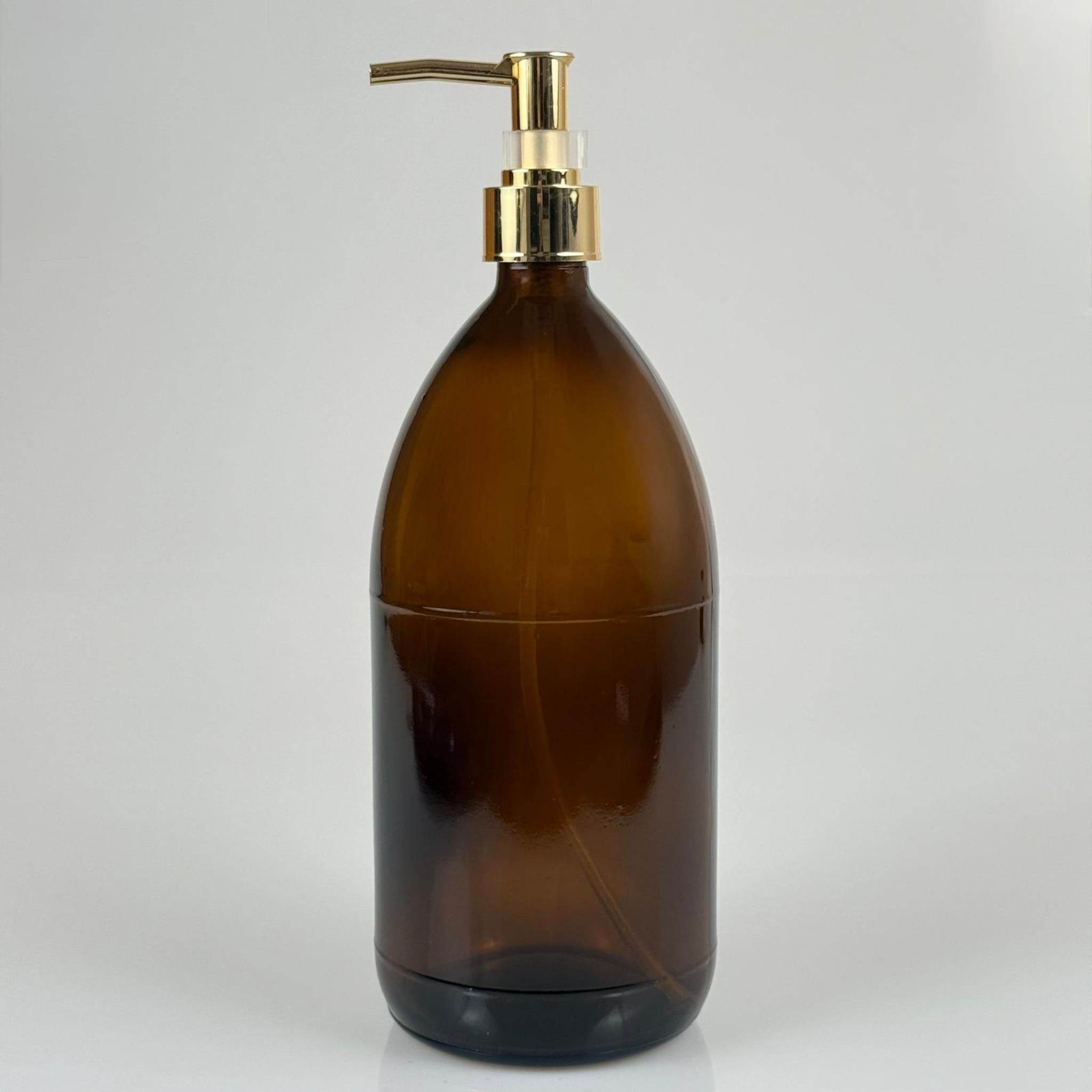 1000 CC AMBER TOMBUL ÖZEL SERİ CAM ŞİŞE - METALİK KAPLAMALI LÜX GOLD POMPALI - 1000 ML CAM ECZA ŞİŞESİ - KAHVERENGİ