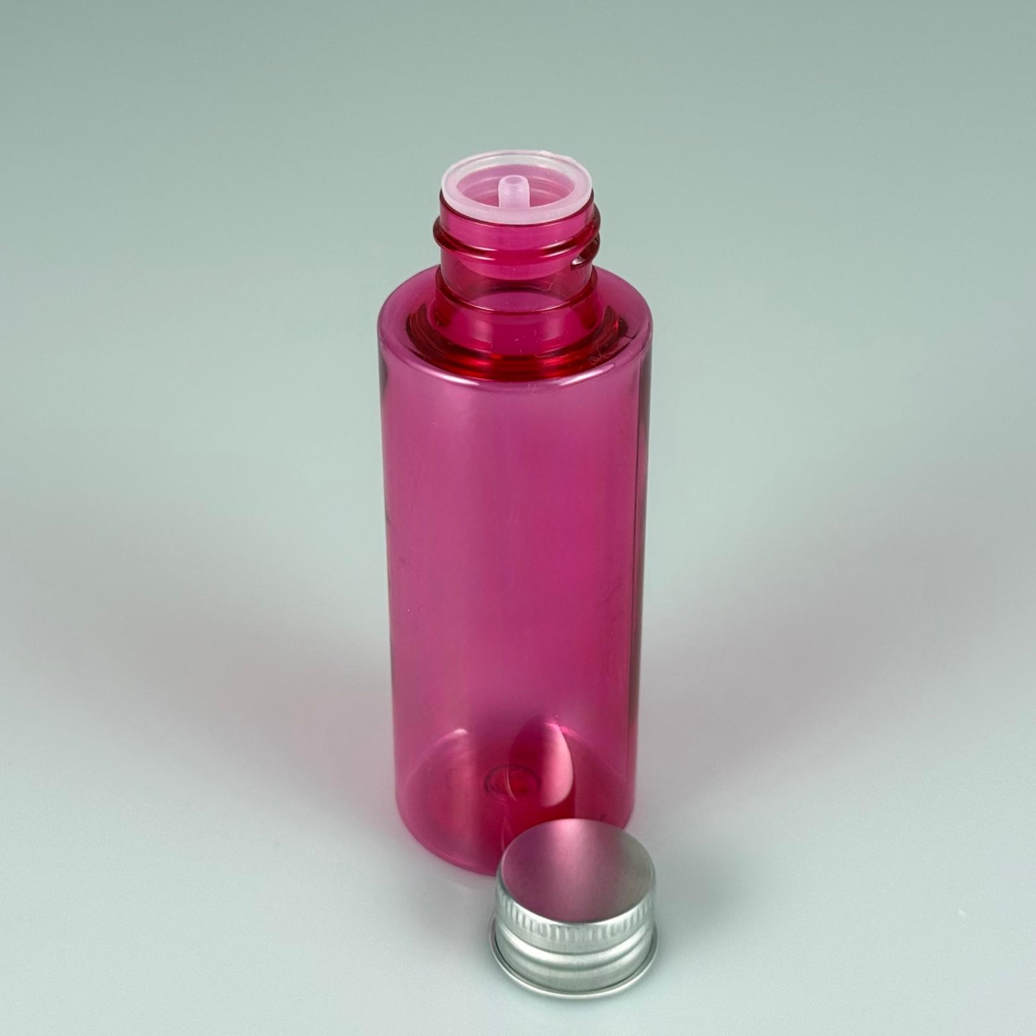 100 CC PEMBE SİLİNDİR KESKİN KÜT MODEL SERT PET ŞİŞE (17 GR - 24 AĞIZ ) + KÖPÜK CONTALI GÜMÜŞ METAL ALÜMİNYUM KAPAK + KOLONYA TIPALI TAKIM - 100 ML KAPAKLI PEMBE PET ŞİŞELER