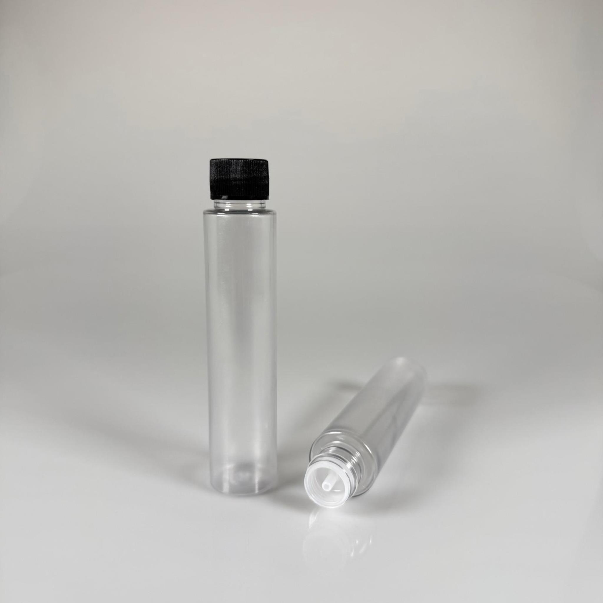 100 CC UZUN SİLİNDİR BUĞULU PET ŞİŞE (24 GR)  - SİYAH KAPAKLI KOLONYA TIPALI - 100 ML BİBERİYE SUYU, LAVANTA YAĞI, SAÇ SERUM, TONİK VB İÇİN PLASTİK KOZMETİK AMBALAJLARI