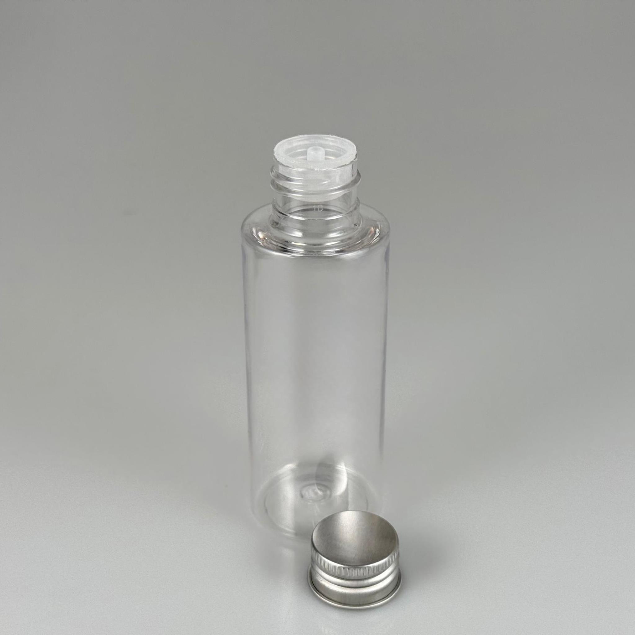 100 CC SİLİNDİR KESKİN KÜT MODEL SERT (17 GR) PET KOLONYA ŞİŞESİ 24 AĞIZ + KÖPÜK CONTALI GÜMÜŞ METAL ALÜMİNYUM KAPAK TAKIM - 100 ML KAPAKLI PLASTİK ŞİŞELER