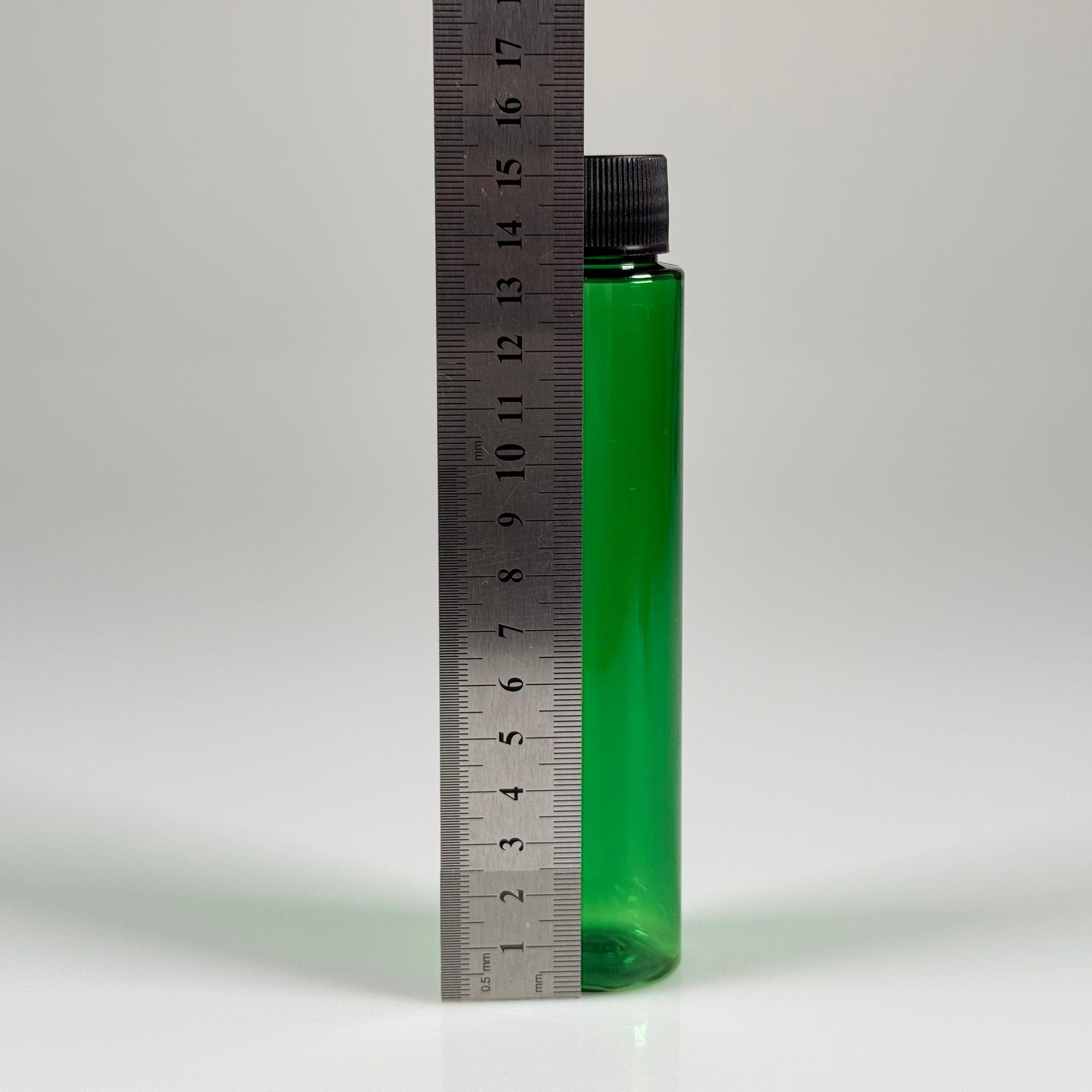 100 CC UZUN SİLİNDİR YEŞİL PET ŞİŞE (24 GR)  - CONTALI SİYAH KAPAKLI - 100 ML BİBERİYE SUYU, LAVANTA YAĞI, SAÇ SERUM, TONİK VB İÇİN PLASTİK KOZMETİK AMBALAJLARI