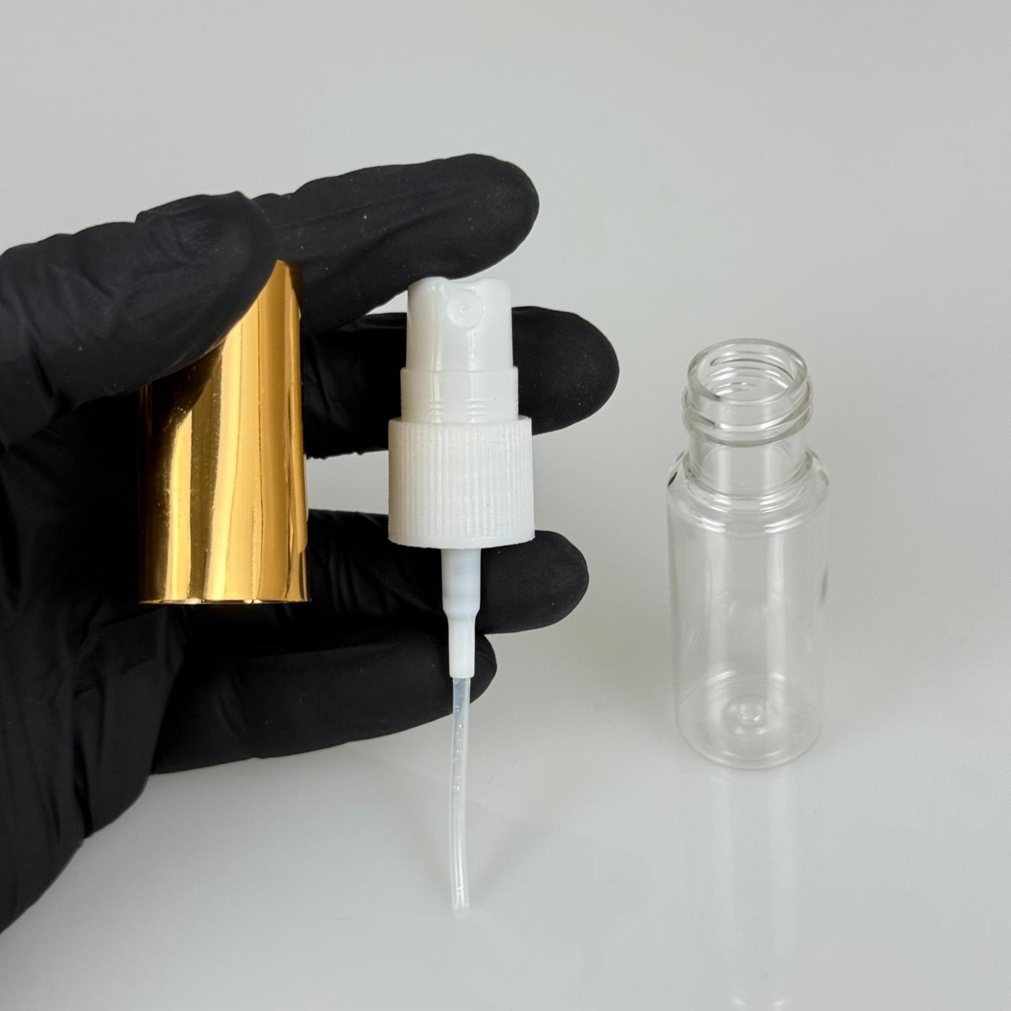 15 ML PET KOLONYA, PARFÜM VB ŞİŞELERİ - METAL ALÜMİNYUM GOLD KAPAK + VİDALI SPREY + 15 CC ŞİŞE SET TAKIM
