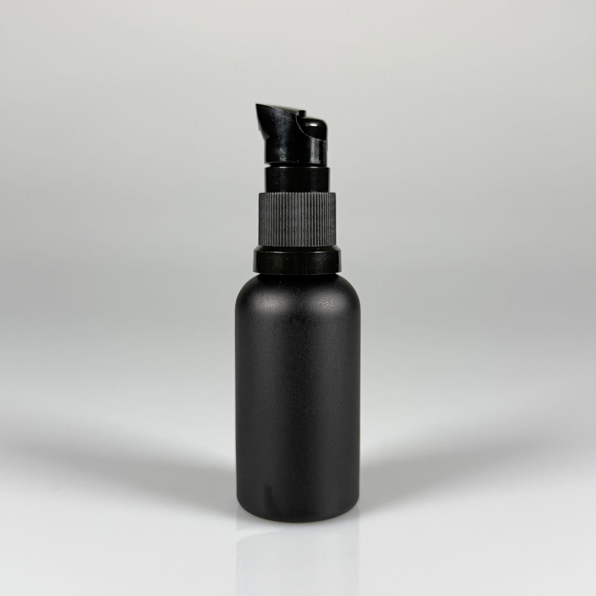 30 CC MAT SİYAH CAM ŞİŞE - SIZDIRMAZ ETEKLİ SİYAH LOSYON POMPALI TAKIM - 30 ML LOSYON ŞİŞESİ - YAĞ, KREM GİBİ YOĞUN KIVAMLI SIVILAR İÇİN CAM AMBALAJ