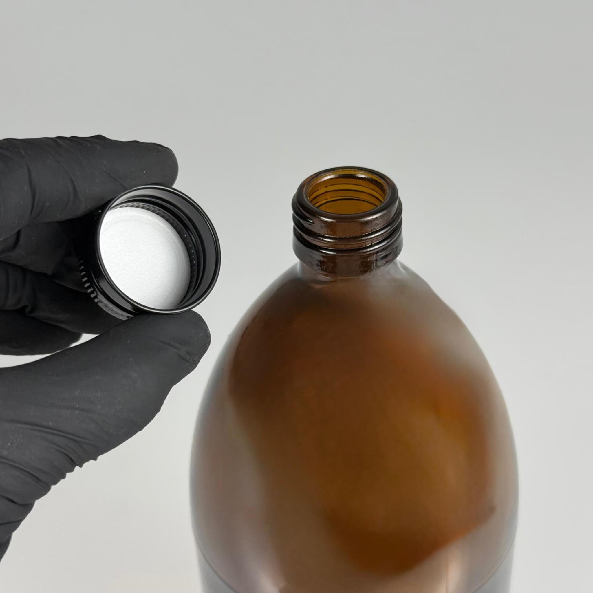 1000 CC AMBER TOMBUL ÖZEL SERİ CAM ŞİŞE - METAL ALÜMİNYUM SİYAH KÖPÜK CONTALI KAPAKLI - 1000 ML CAM ECZA ŞİŞESİ - KAHVERENGİ