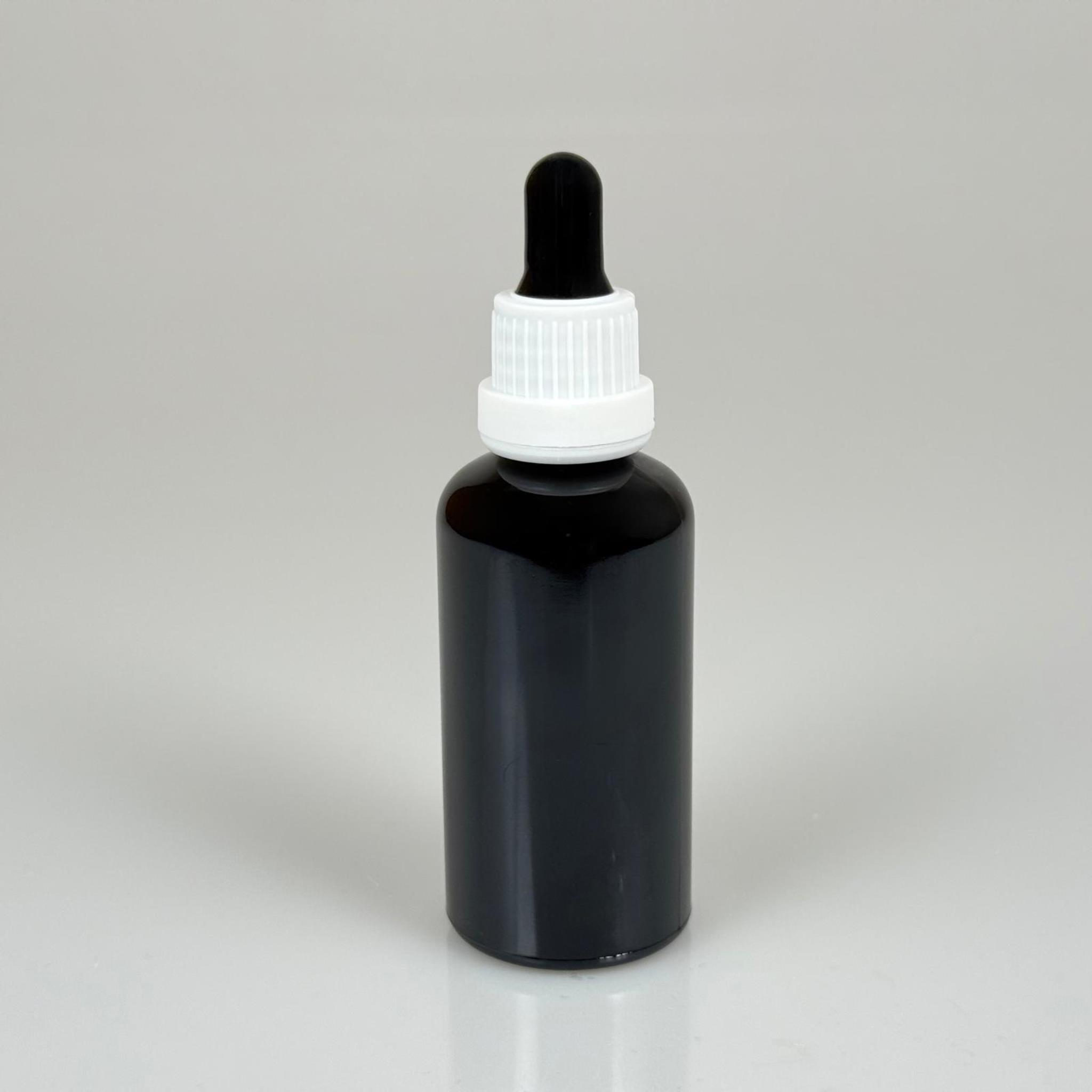 50 CC SİYAH CAM DAMLALIKLI ŞİŞE - SİYAH EMZİK - BEYAZ PLASTİK KİLİTLİ KAPAK - 50 ML SİYAH CAM DAMLALIKLI ŞİŞE