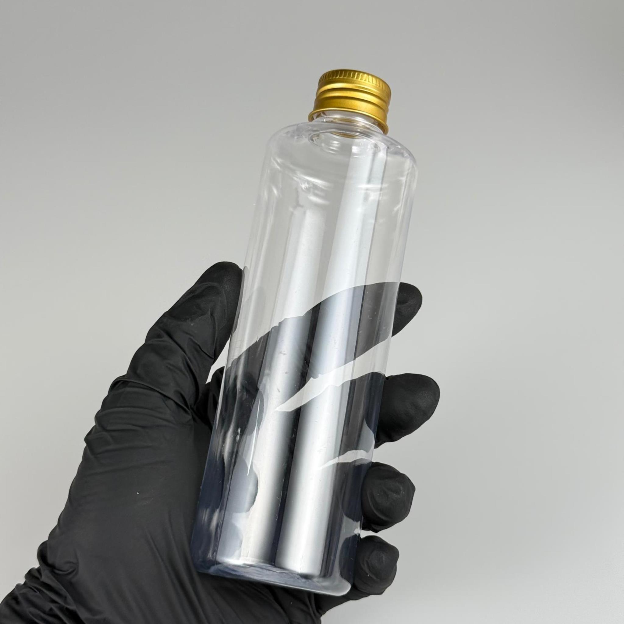 250 CC ŞEFFAF SİLİNDİR MODEL PLASTİK ŞİŞE (24 AĞIZ) + KÖPÜK CONTALI GOLD METAL ALÜMİNYUM KAPAK + KOLONYA TIPALI TAKIM - 250 ML KAPAKLI PLASTİK ŞİŞELER