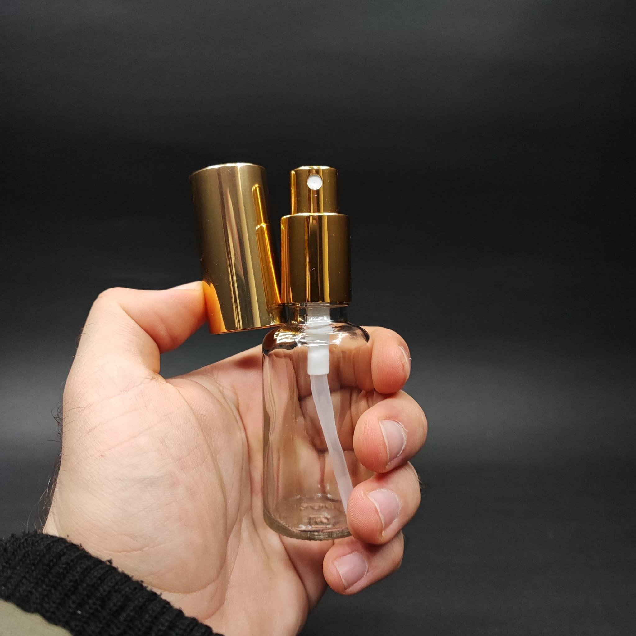30 ML LÜKS VİDALI VALF ÇEVİRME PARFÜM ŞİŞELERİ - 30 CC ŞEFFAF CAM ŞİŞE - GOLD METAL SPREYLİ KAPAKLI SET