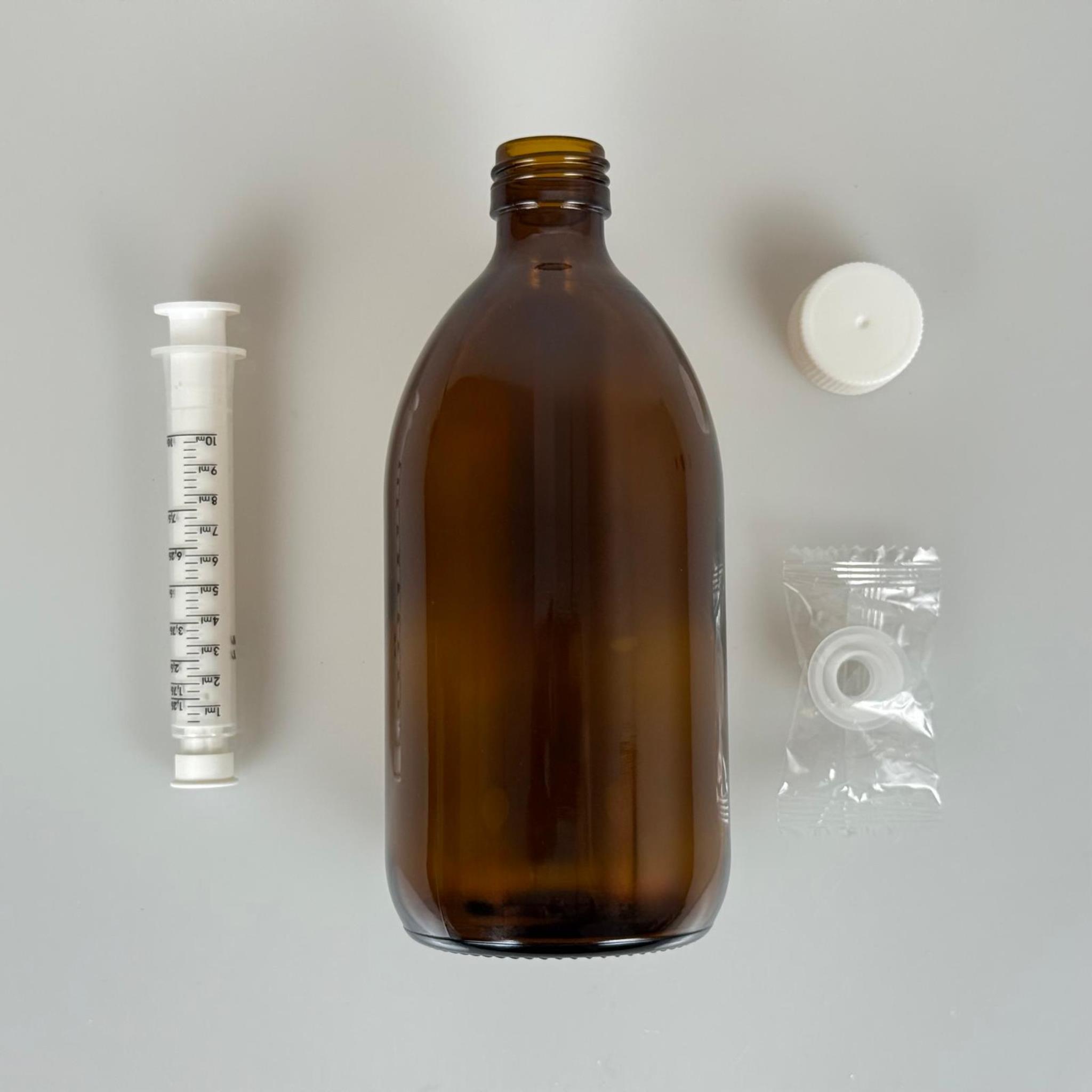 500 ML CAM ECZA ŞİŞESİ + 10 ML DOZAJ PİPETİ + DOZAJ TIPASI + CONTALI PLASTİK KAPAK TAKIM