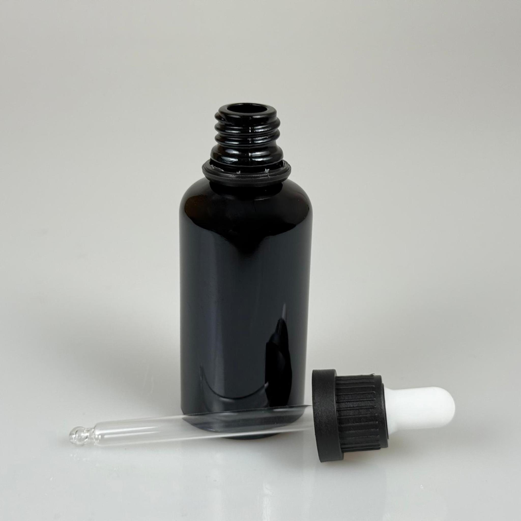 50 CC SİYAH CAM DAMLALIKLI ŞİŞE - BEYAZ EMZİK - SİYAH PLASTİK KİLİTLİ  KAPAK - 50 ML SİYAH CAM DAMLALIKLI ŞİŞE