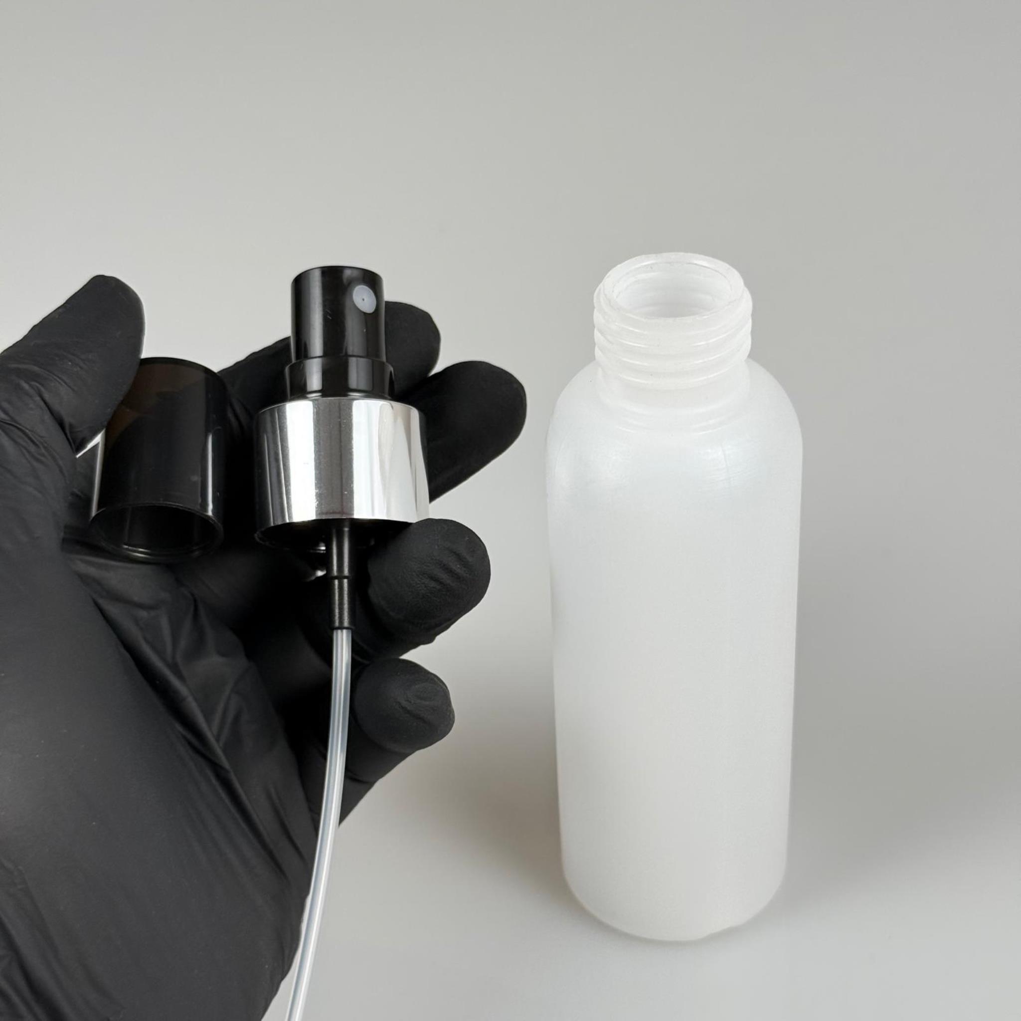 100 CC NATÜREL SERT POLİETİLEN ŞİŞE + GÜMÜŞ SİYAH SPREYLİ -  24 MM  - 100 ML SERT POLİETİLEN ŞİŞE