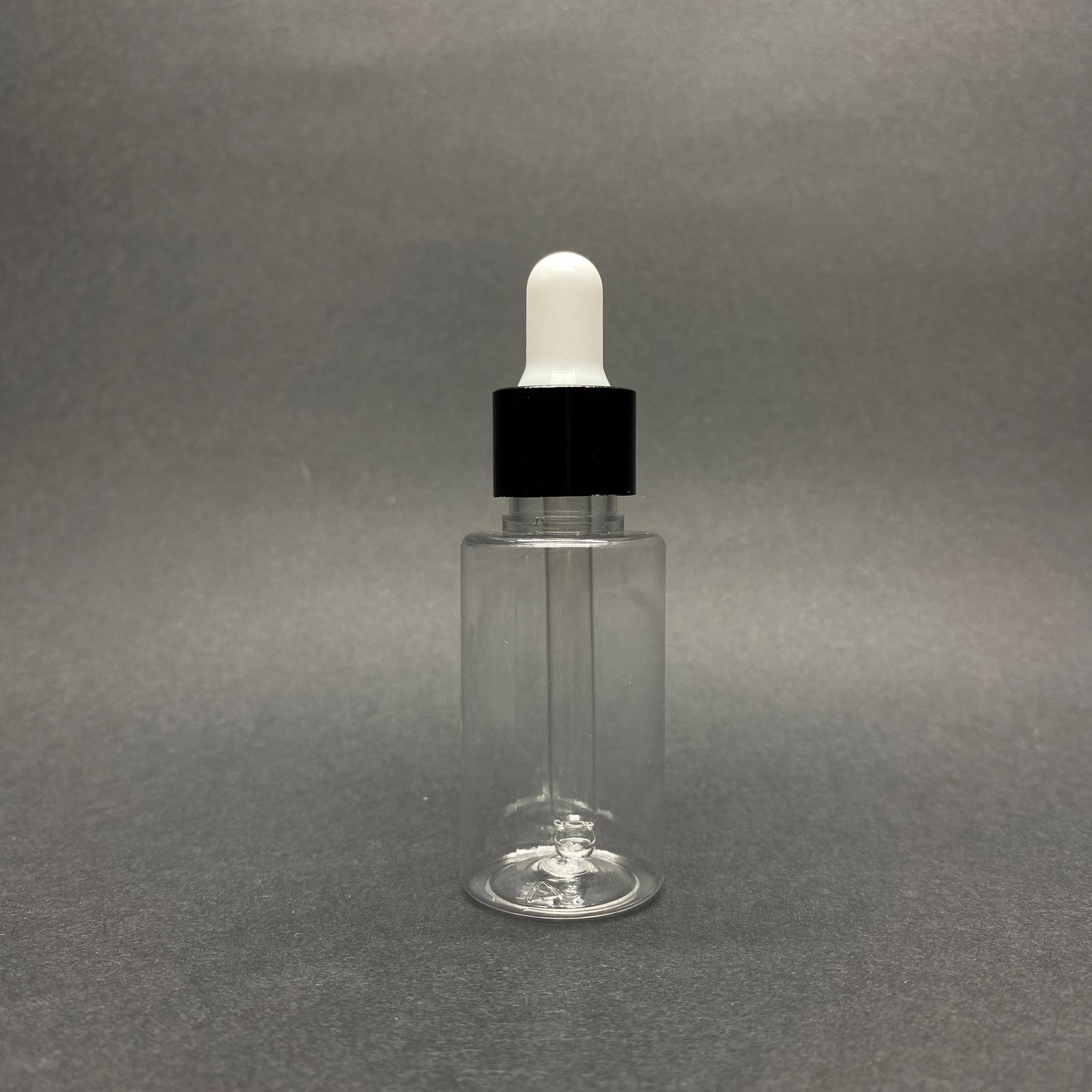 30 CC PET ŞİŞE SİLİNDİR KISA MODEL - CAM DAMLALIKLI (BEYAZ EMZİK, SİYAH METAL DELİKLİ KAPAK, CAM PİPET) - 30 ML CAM DAMLALIKLI PET ŞİŞE
