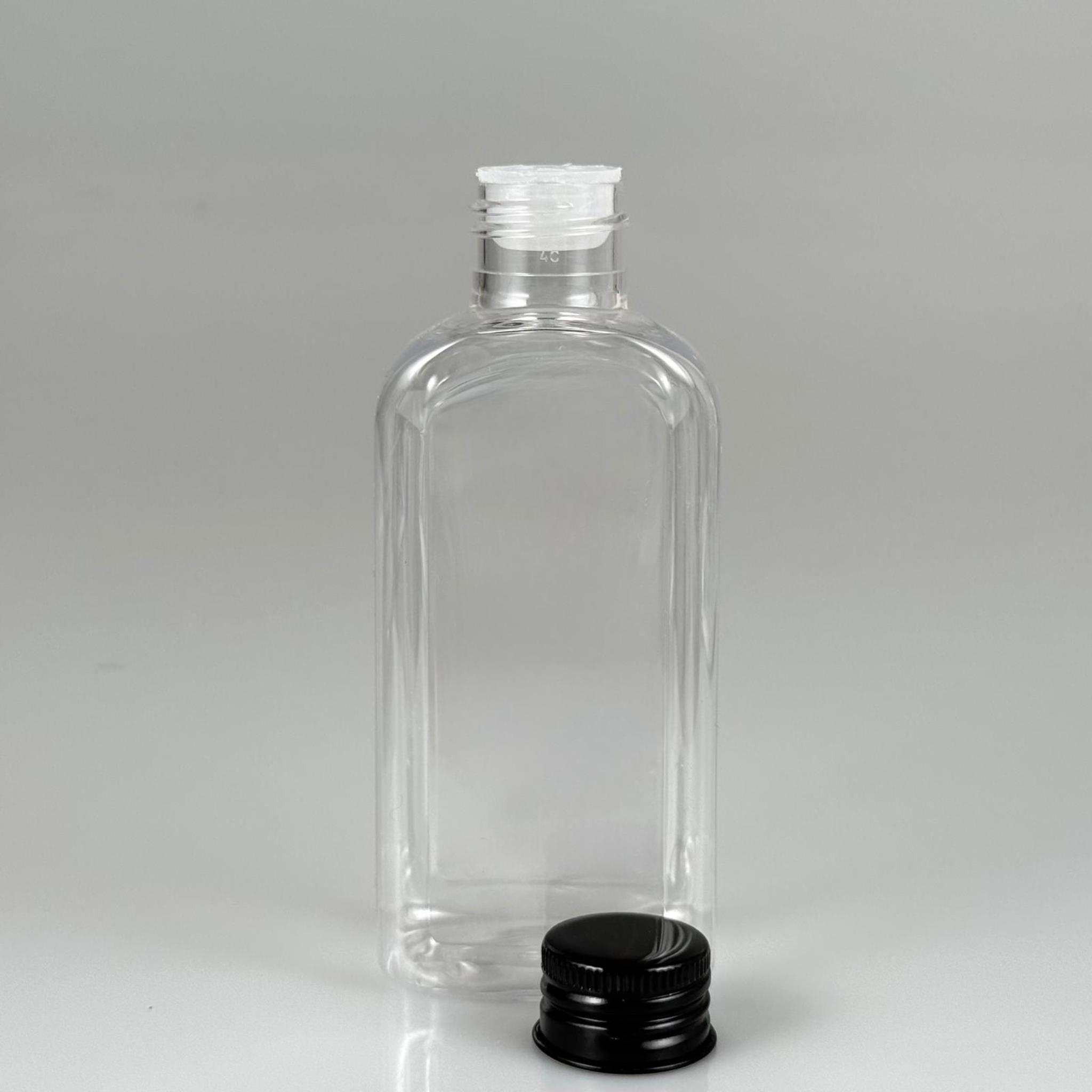 140 CC YASSI KÖŞELİ MODEL ŞEFFAF PET ŞİŞE (24 AĞIZ) + KÖPÜK CONTALI SİYAH METAL ALÜMİNYUM KAPAK + KOLONYA TIPALI TAKIM - 140 ML KAPAKLI PLASTİK ŞİŞELER