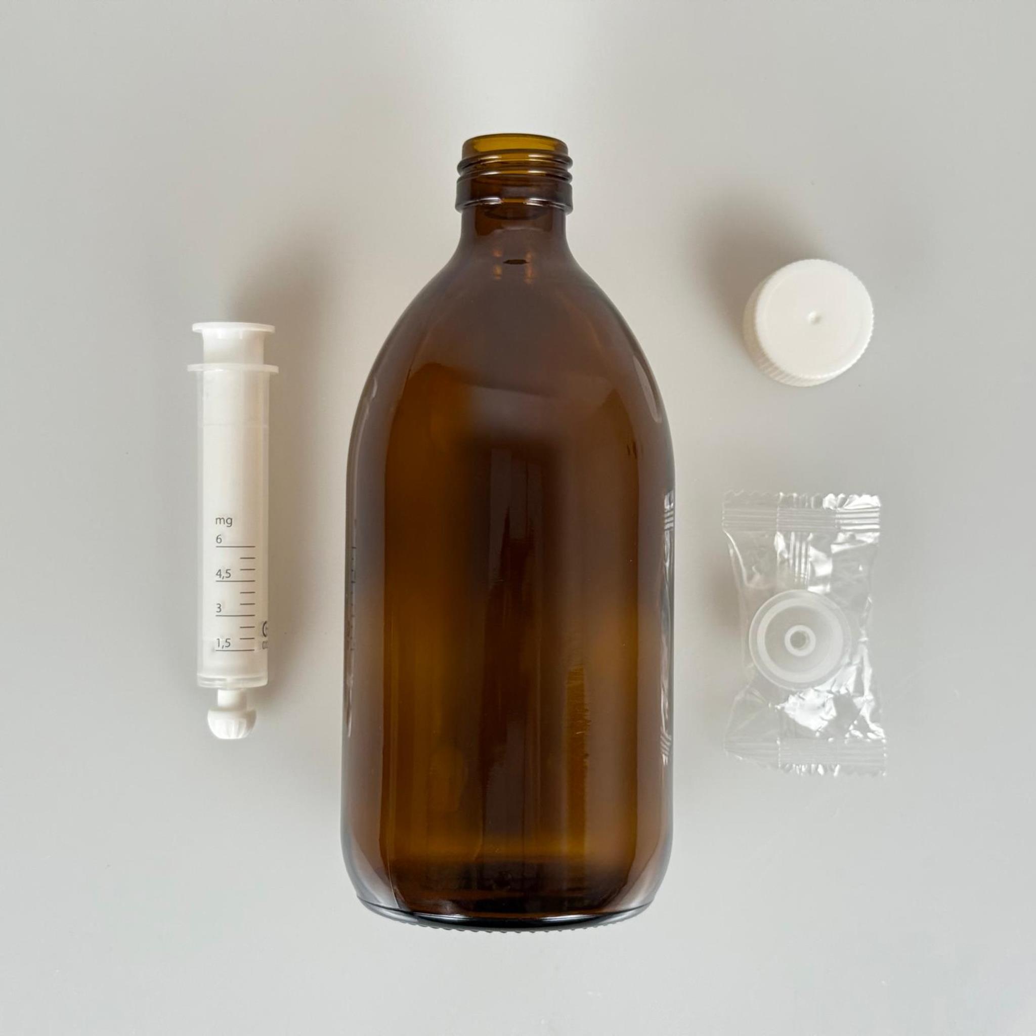 500 ML CAM ECZA ŞİŞESİ + 6 ML DOZAJ PİPETİ + DOZAJ TIPASI + CONTALI PLASTİK KAPAK TAKIM
