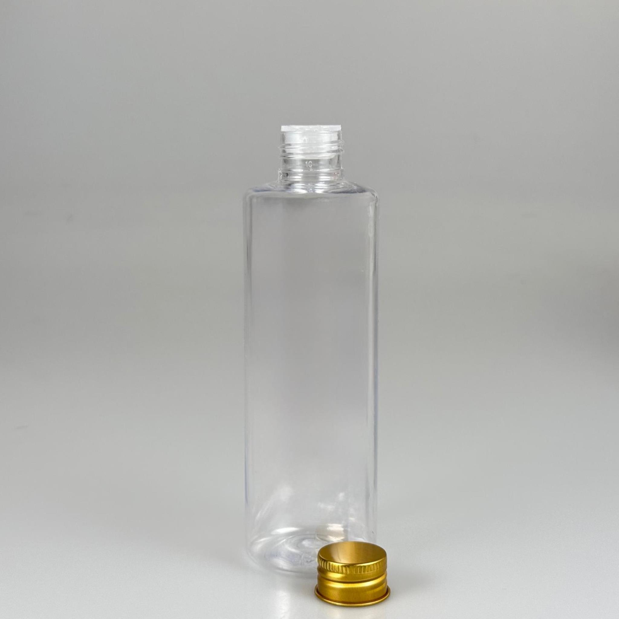 250 CC ŞEFFAF SİLİNDİR MODEL PLASTİK ŞİŞE (24 AĞIZ) + KÖPÜK CONTALI GOLD METAL ALÜMİNYUM KAPAK + KOLONYA TIPALI TAKIM - 250 ML KAPAKLI PLASTİK ŞİŞELER