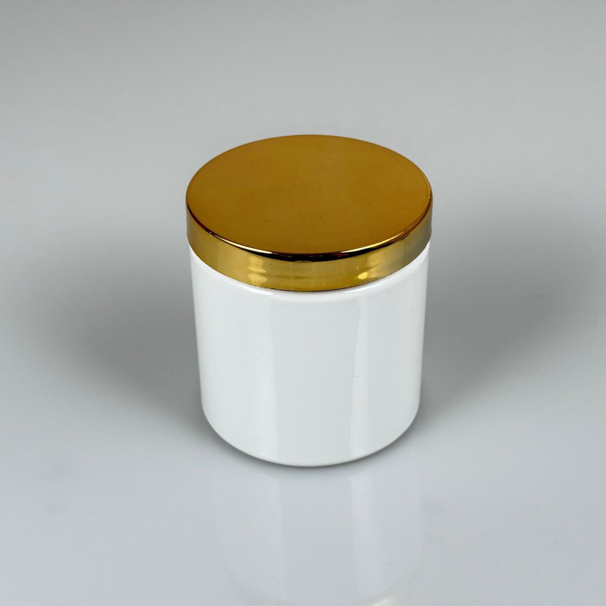 250 CC BEYAZ SERT PLASTİK KAVANOZ - GOLD KAPLAMALI PLASTİK KAPAKLI - 250 ML PLASTİK KAPAKLI PLASTİK KAVANOZ - KOZMETİK KAVANOZ, GIDA KAVANOZU VE KREM KAVANOZU OLARAK KULLANABİLİRSİNİZ