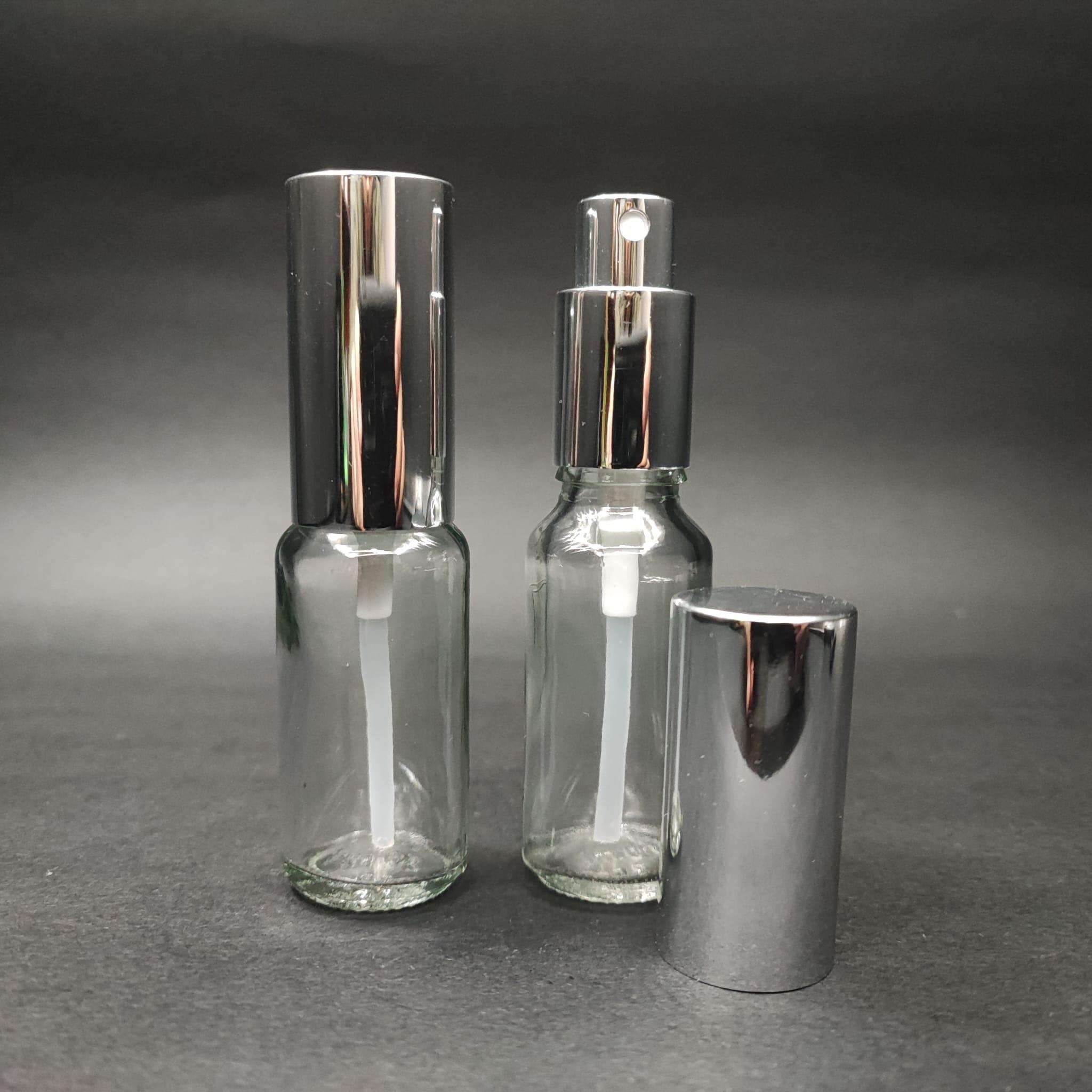 20 ML LÜKS VİDALI VALF ÇEVİRME PARFÜM ŞİŞELERİ - 20 CC ŞEFFAF CAM ŞİŞE - GÜMÜŞ METAL SPREYLİ KAPAKLI SET